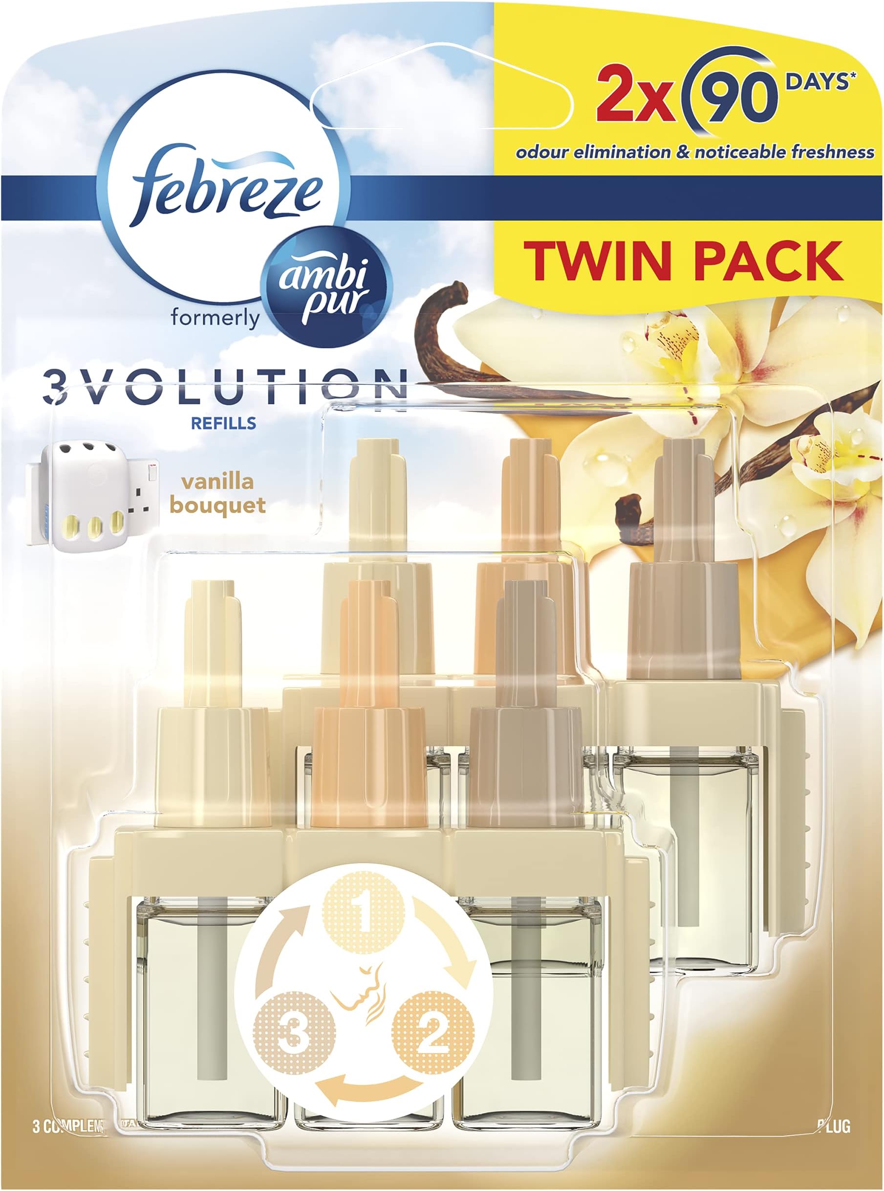 Febreze Ambi Pur 3Volution Air Freshener Plug-In Diffuser Refill, Odour Eliminator, Vanilla Bouquet, 40 ml, (20 ml x 2)