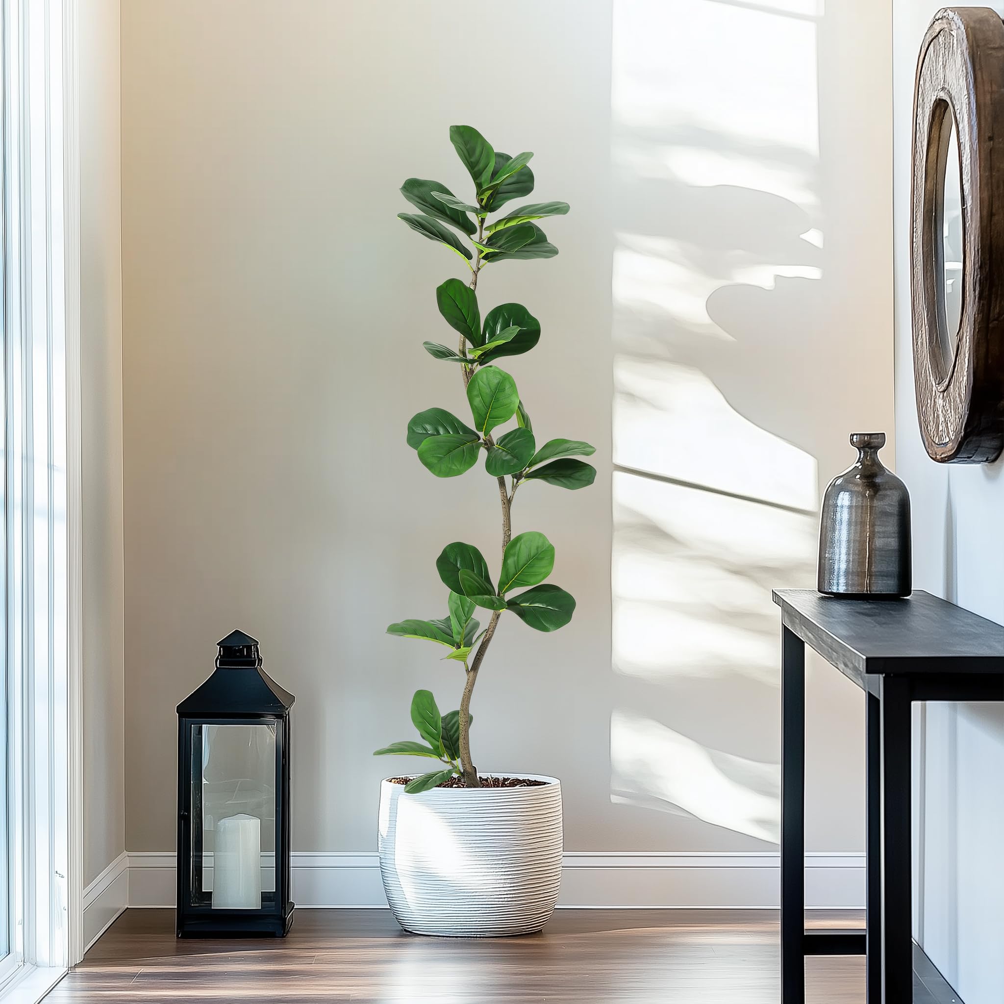 Higuera artificial de hoja de violín, planta falsa de 5 pies con maceta blanca y tronco de madera natural para decoración del hogar u oficina, plantas artificiales de interior