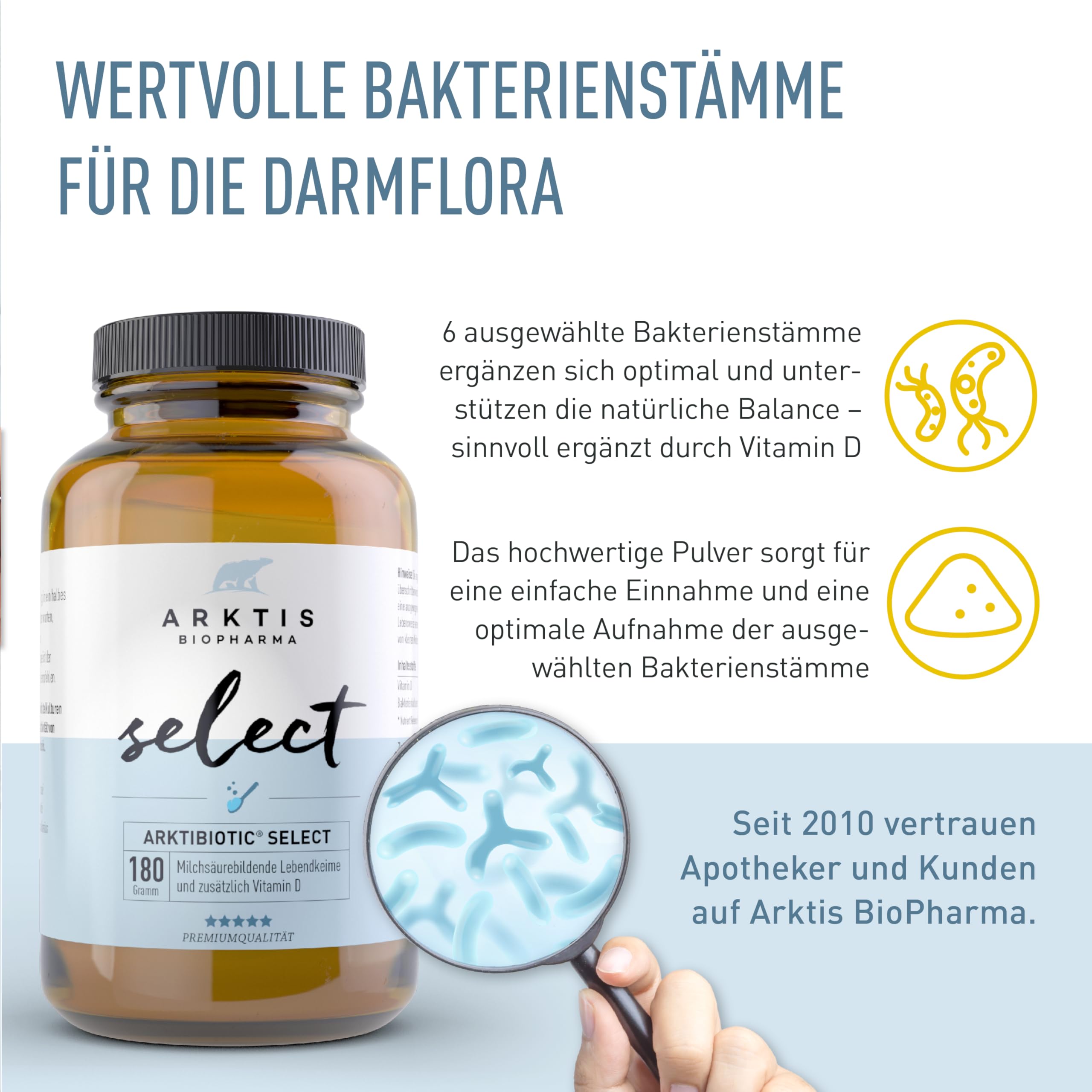 Arktibiotic Select 180g Probiotika mit 6 Lactobacillus-Kulturen + Vit D | Milchsäurebakterien für die Darmkur nach Antibiotika-Therapie