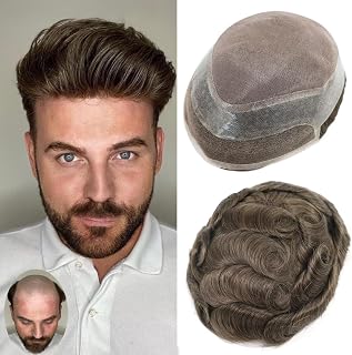 Toupee Hair Piece for Men Indian Remy Human Hair Monofilament Top Lace Front Mens Hairpiece Hair Replacement System with Pu Skin around Male Toupee Peluquines Para Hombre 6x8 Inch #4 Medium Dark Brown
