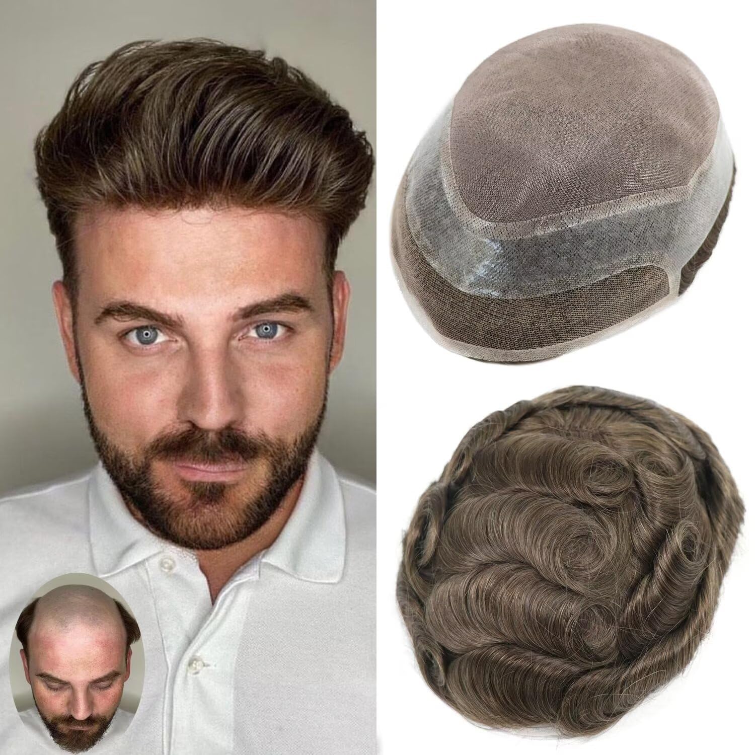 Toupee Hair Piece for Men Indian Remy Human Hair Monofilament Top Lace Front Mens Hairpiece Hair Replacement System with Pu Skin around Peluquines Para Hombre 6x8 Inch Off Black 1B with 10% Grey Hair