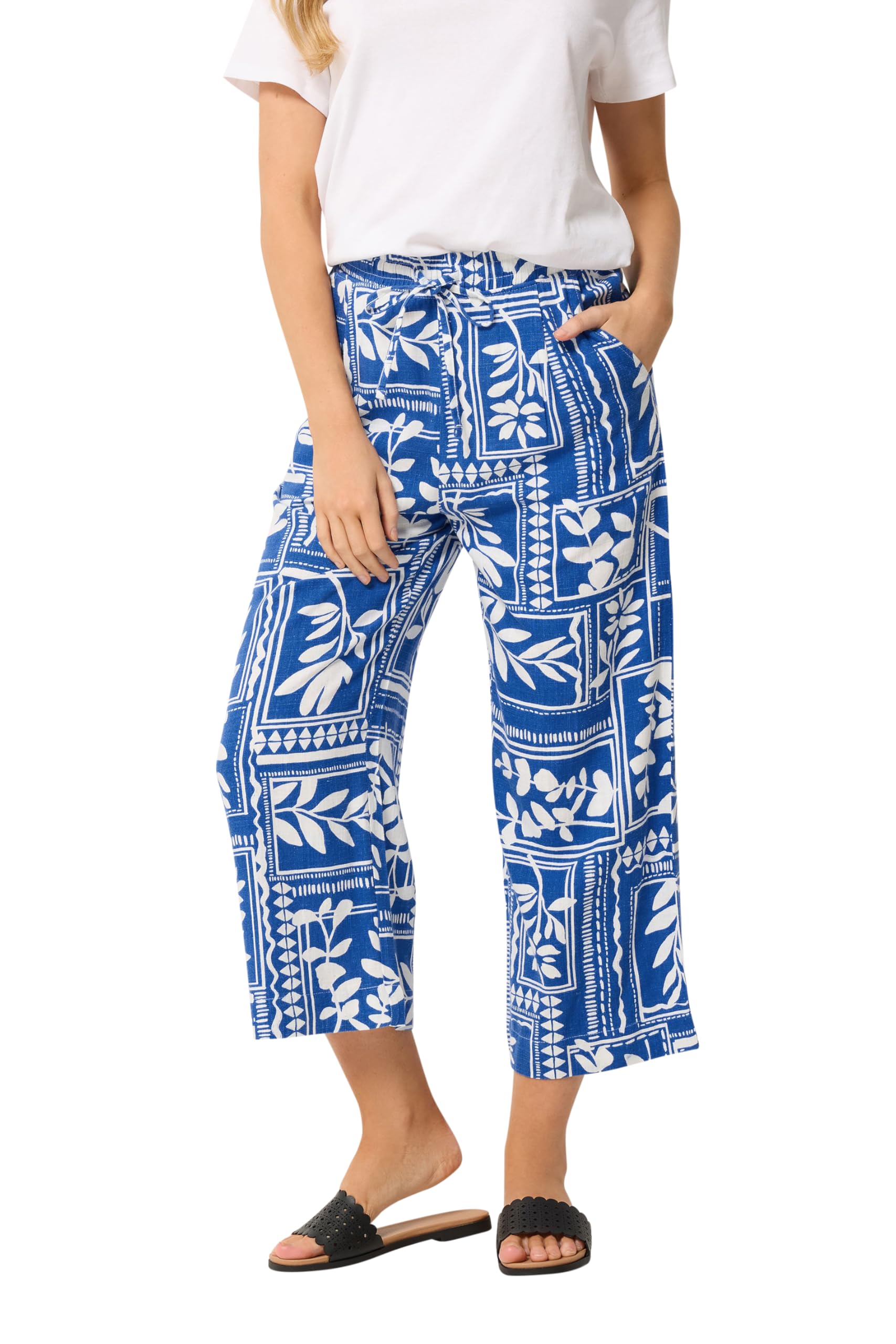 M&Co Women's Blue Leaf Print Wide Leg Linen Culottes