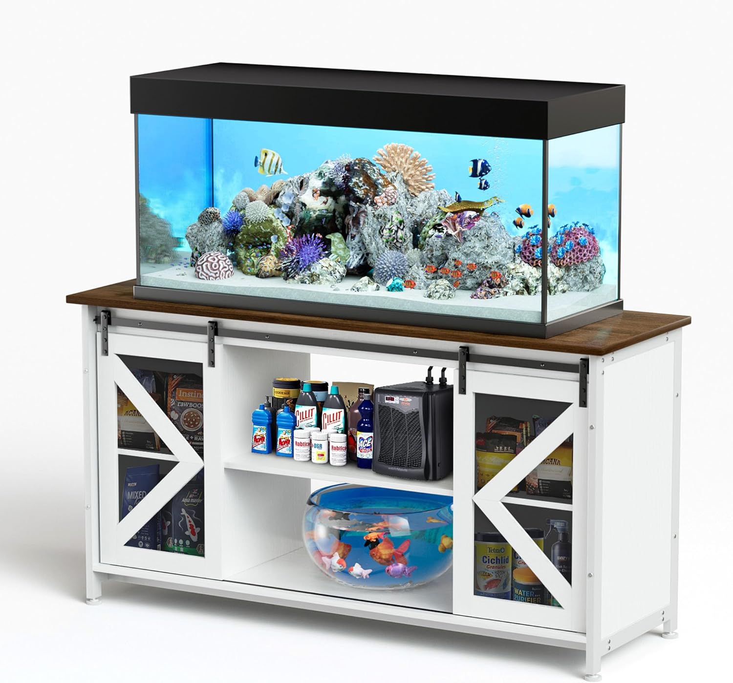 80 Gallon Fish Tank Stand with Sliding Doors, Farmhouse Aquarium Stand with Storage Cabinet, Heavy Duty Fish Tank Table for Turtle Tanks Reptile, Adjustable Feets, 1000 LBS Capacity (Black)