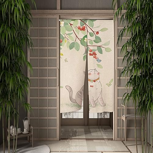Miniatura 2 de Leowefowa Cortinas japonesas Noren para puerta, largas japonesas con estampado de gato gordo jugando árboles frutales, cortina para ventana, cortina