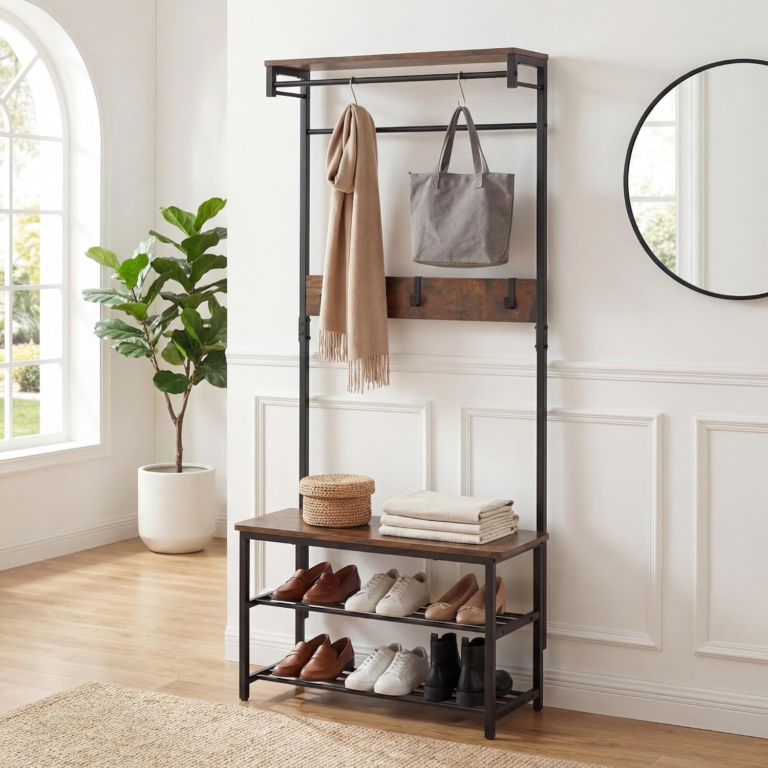 COSTWAY Hall Tree with Bench and Shoe Storage, 4-in-1 Entryway Organizer | 6 Removable Hooks, Top Shelf & Hanging Rod, Industrial Coat Rack for Mudroom Entrance Bedroom Living Room, Rustic Brown