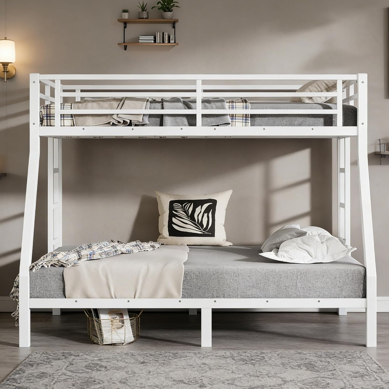 Bellemave Twin Over Full Bunk Bed with Ladders, Metal Bunk Beds Frame with Full-Length Guardrails, Heavy-Duty Bunkbed for Bedroom, Guest Room, Dorms, Noise-Reduce and No Spring Box Needed, White