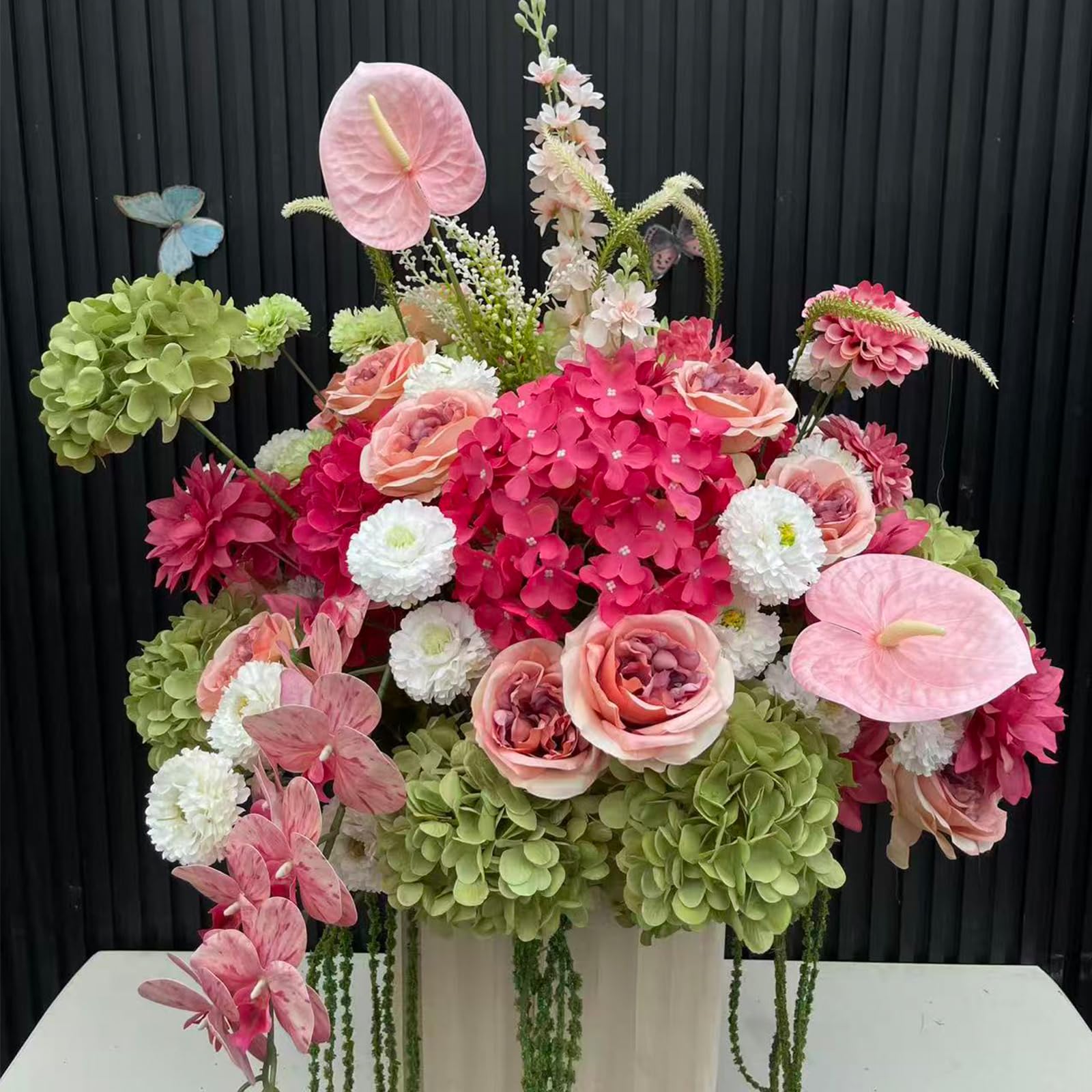 Hot Pink Blush Sage Green Artificial Silk Flowers Arrangement, Fake Floral Bouquet with Anthurium Hydrangea Rose Orchid for Wedding Centerpieces, Bridal Shower, Spring Home Table Decor (Hot pink,50cm)