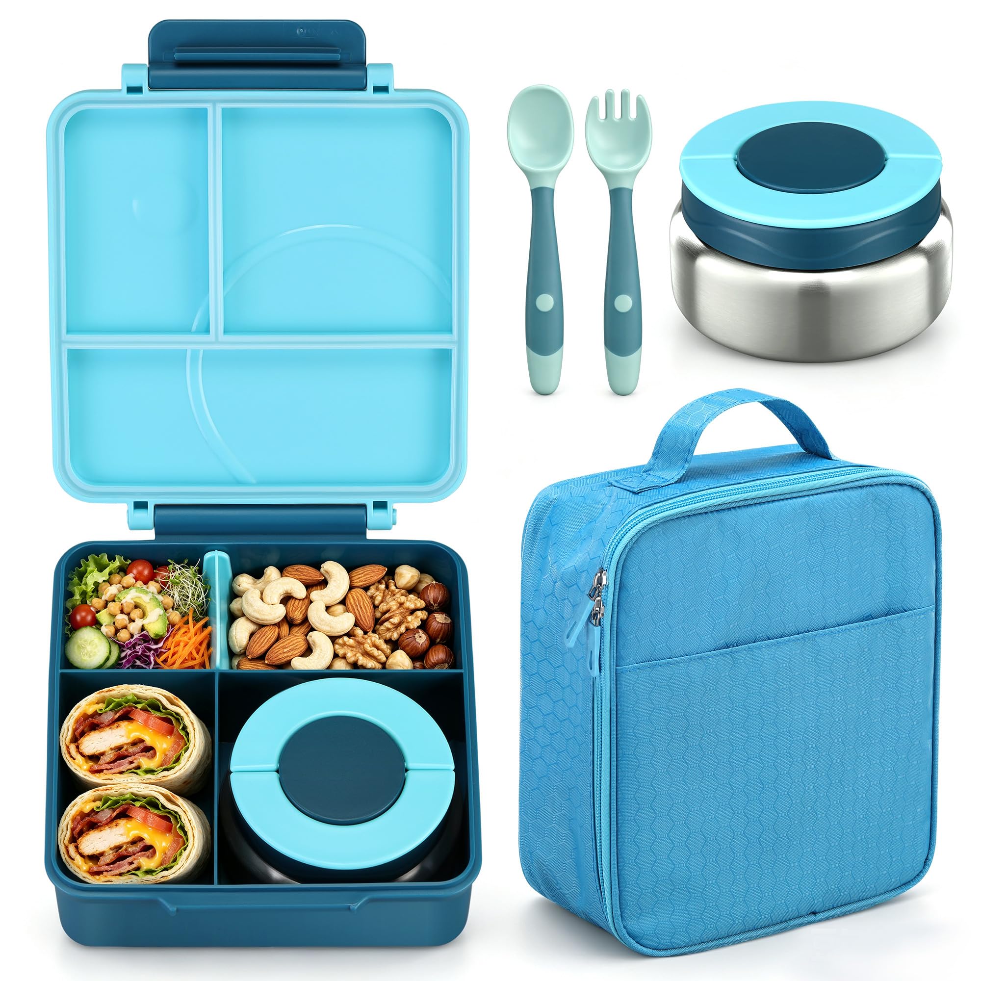 Howeemo Bento - Set di contenitori per il pranzo per bambini con thermos da 226,8 g, contenitori per il pranzo a prova di perdite con 4 scomparti, barattolo termico per alimenti caldi e borsa termica