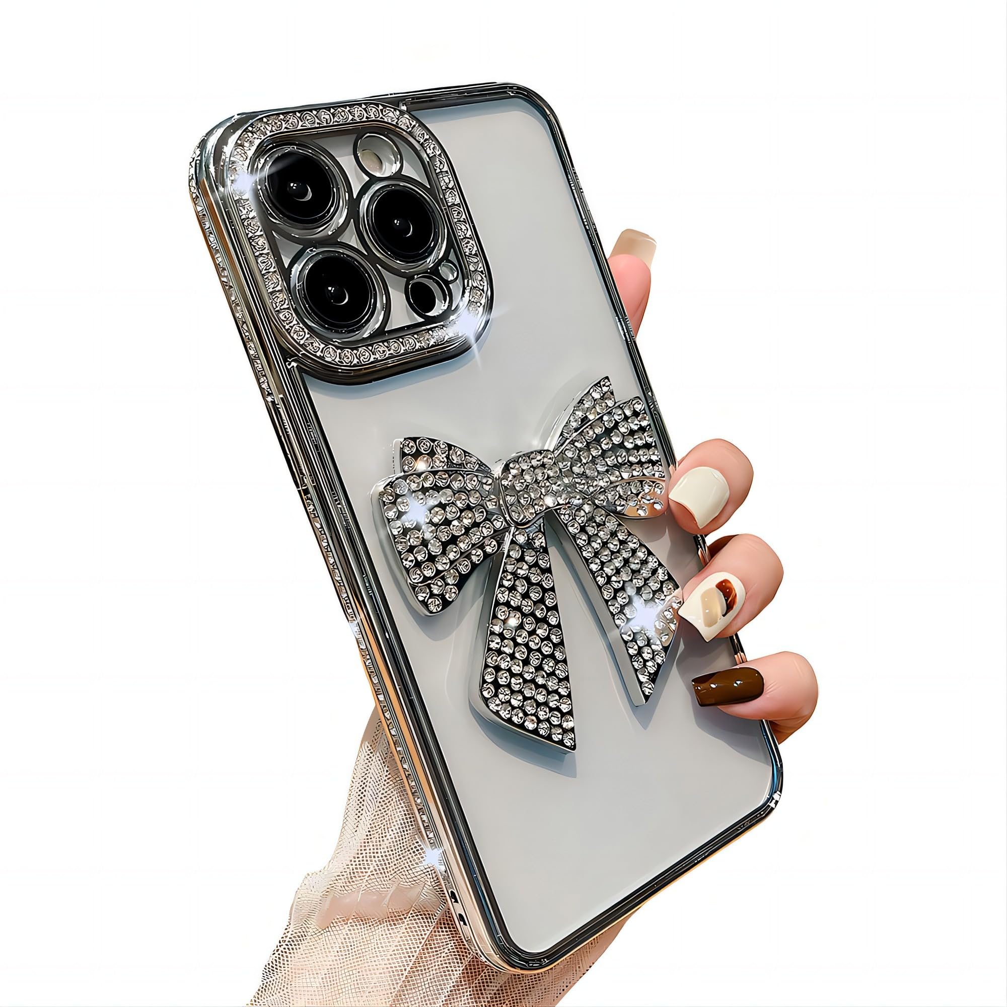 YAOZOCASE for iPhone Case,Luxury Crystal Diamond Rhinestone Sparkle Sparkly with 3D Bow Camera Lens Protection Clear Soft Shockproof Phone Case (