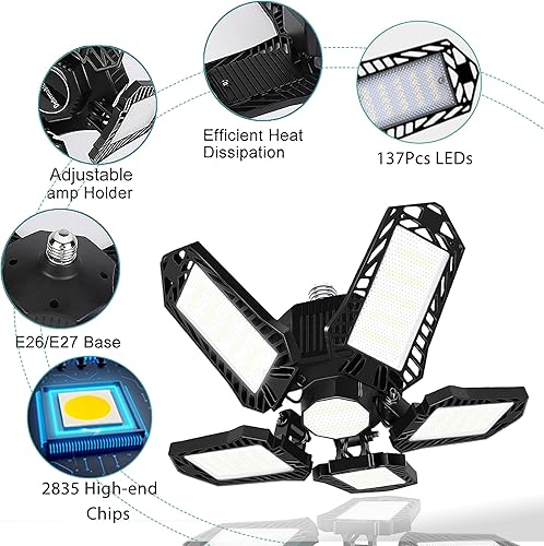 Miniatura 4 de BRAINIAC 100W Super Bright LED Garage Light Bulb, Garage Lights Ceiling Led with 5 Adjustable Panels, E26E27 Screw-in Deformable Garage Lights for