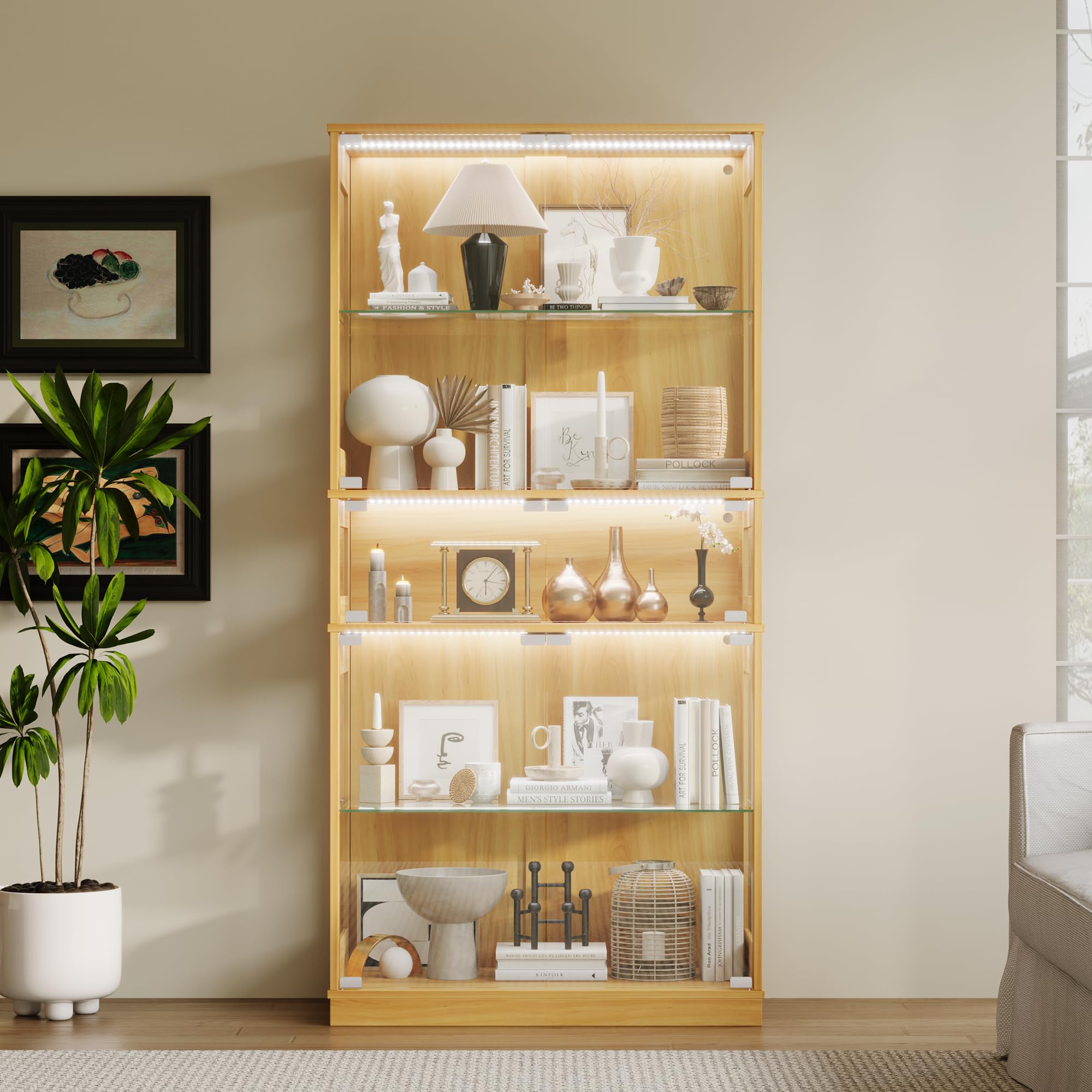 ZKIODV Glasvitrine mit LED Beleuchtung, 5-Lagen Vitrinenschrank Glas Stehend, Holz Vitrine mit Intelligente Sensorik, Sammlervitrine Staubdicht für Wohnzimmer Schlafzimmer Büro - 165x80 cm (Eiche)
