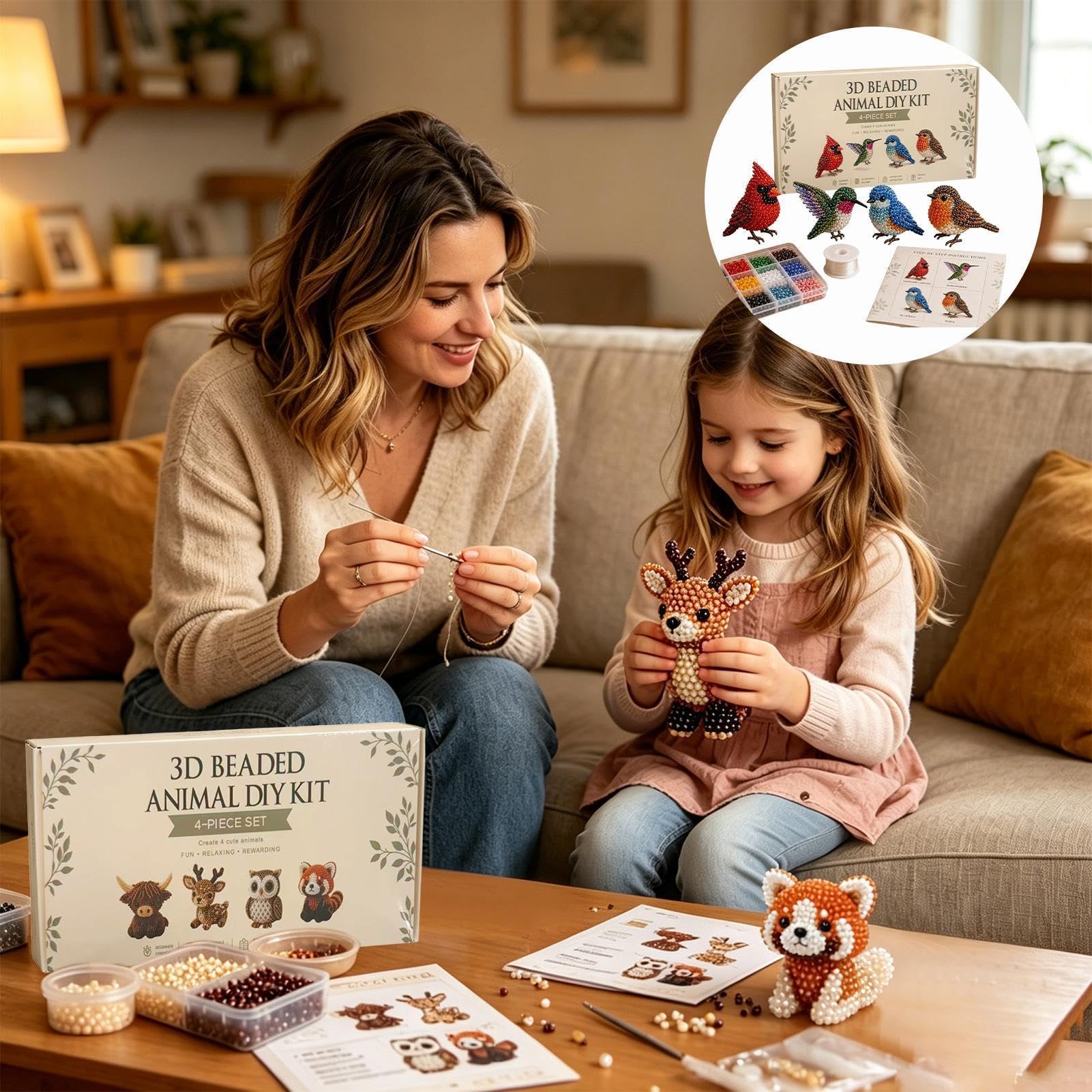 Set de Animales con Abalorios, Kit de Animales con Cuentas, Paquete 8 pequeños Kits Bordado 3D, Juego Manualidades Hecho a Mano y pájaros en(B)