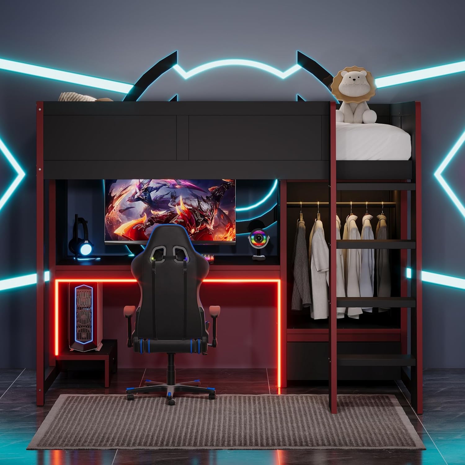 Merax Wood Twin Size Gaming Loft Bed with Built-in Desk, Wardrobe, LED and a Drawer, No Box Spring Needed, Sturdy Wood Frame for Bedroom, Black