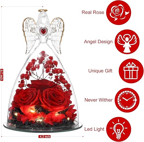 Miniatura 9 de Tiaronics Figuras de ángel grandes con rosas reales, rosa real preservada para ella, rosas de ángel regalos para ella, mamá, novia, rosa intenso