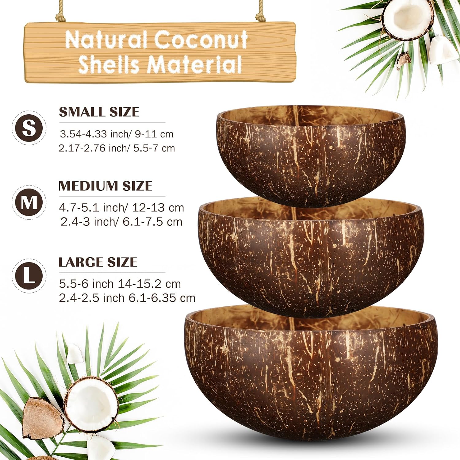 Bokon 12 Pcs Coconut Shell Bowls Polished Wooden Bowls Natural for Smoothie Acai Salad Vegan Gifts Kitchen Decor (Large)