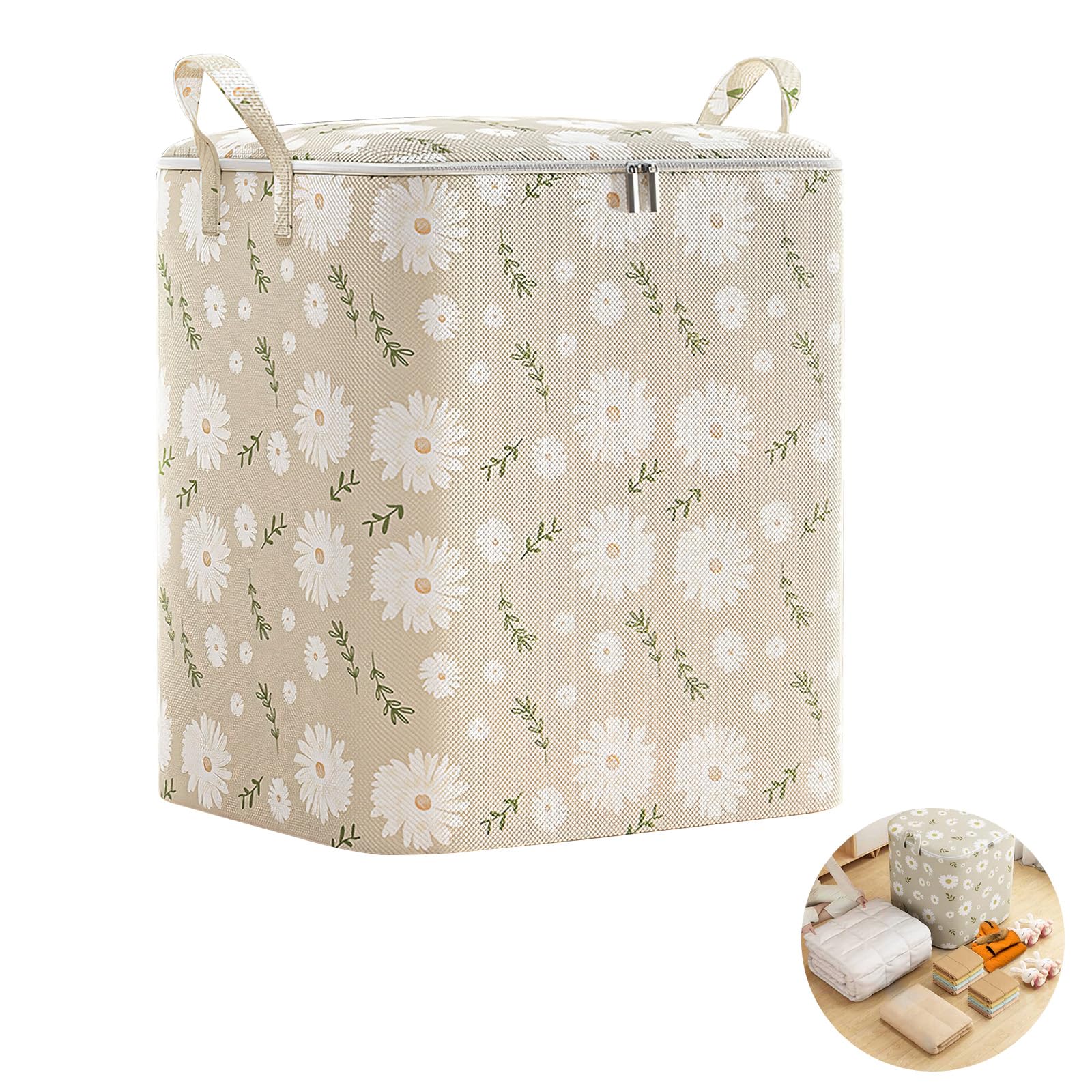 Victop 210L Clothes Storage Bags Large Capacity Clothing Storage Containers Foldable Duvet Storage Bag Cotton Linen Wardrobe Storage Organisers Moving Bags with Handle for Blankets Bedding Toys