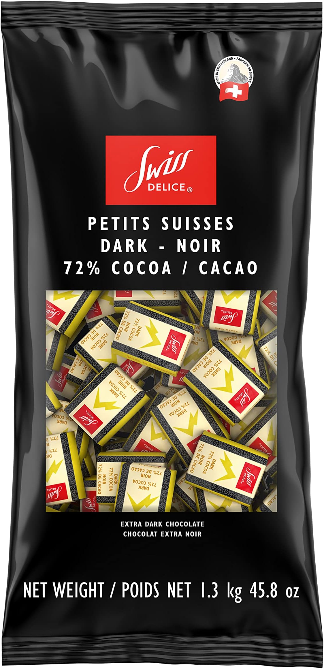 Swiss Delice Dark Chocolate Squares - 72% Chocolate Noir - Chocolates Individually Wrapped - 2.8 lb Bulk (1300g) - Swiss Chocolates