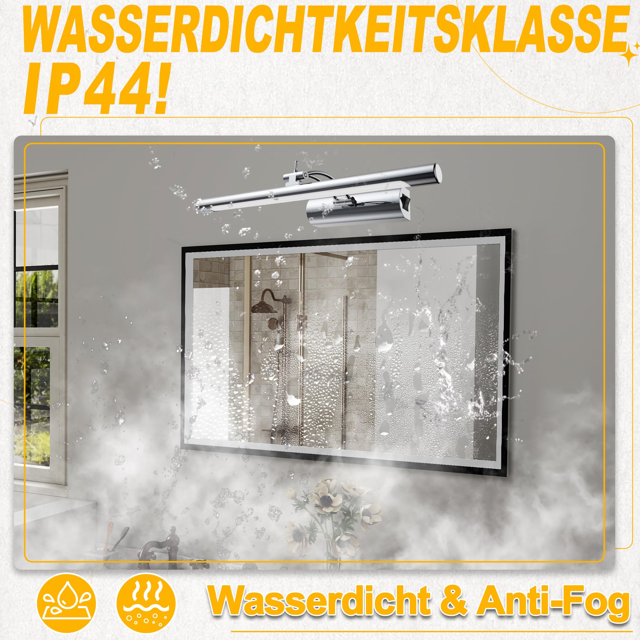 UISEBRT 10W 40cm Lámpara LED para espejo de baño, tubo fluorescente ajustable 180°, base con interruptor, plata Lámpara de baño para iluminación de pared y espejo, tipo C luz blanca fría