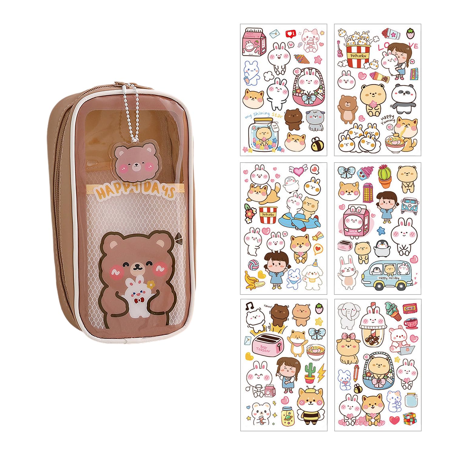 1 estuche de lápices de gran capacidad, 6 pegatinas de bricolaje, bolsa de papelería de oso de dibujos animados, impermeable transparente, estuche escolar, adecuado para el estudio y el trabajo,