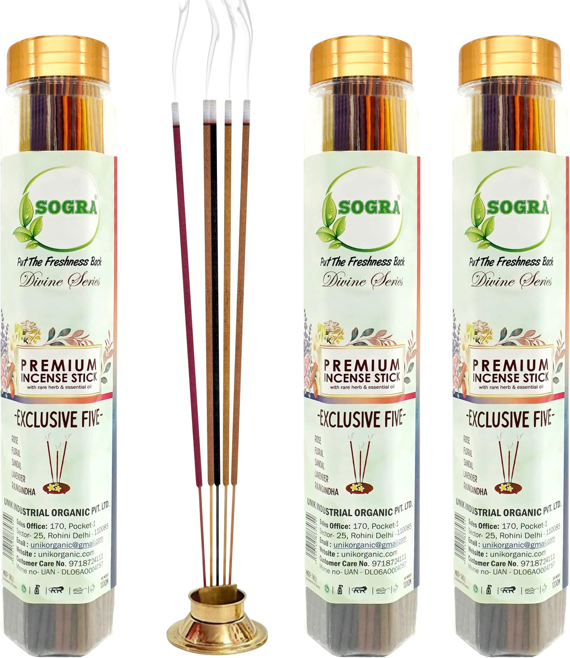 SOGRA Exclusive Pack: Floral, Lavender, Rajnigandha, Sandal, Rose. Premium Incense Sticks for Pooja. Charcoal-Free, Low Smoke. Pack of 3, 120 GMS (60-65 Agarbathi/Bottle).