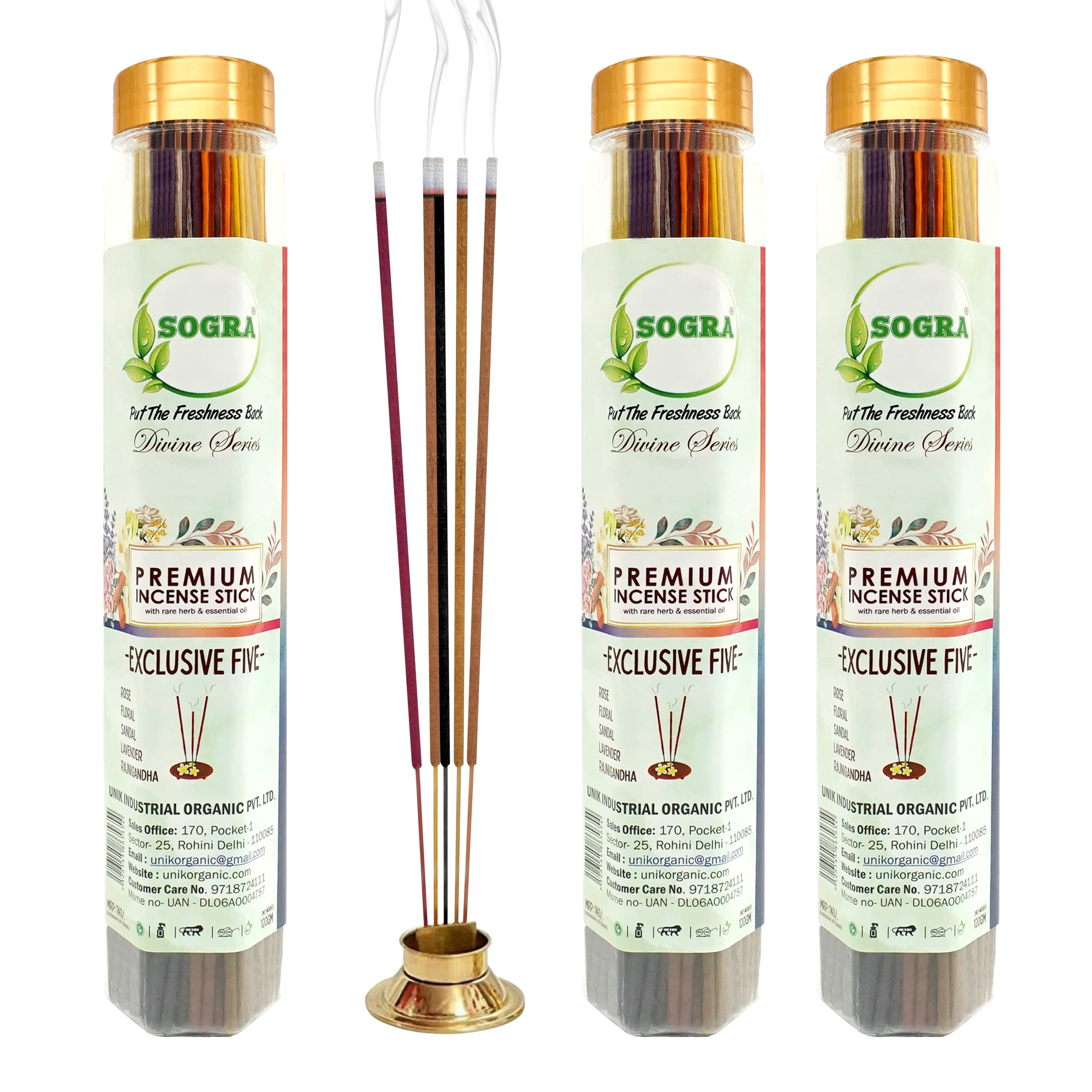 Exclusive Pack: Floral, Lavender, Rajnigandha, Sandal, Rose. Premium Incense Sticks for Pooja. Charcoal-Free, Low Smoke. Pack of 3, 120 GMS (60-65 Agarbathi/Bottle).