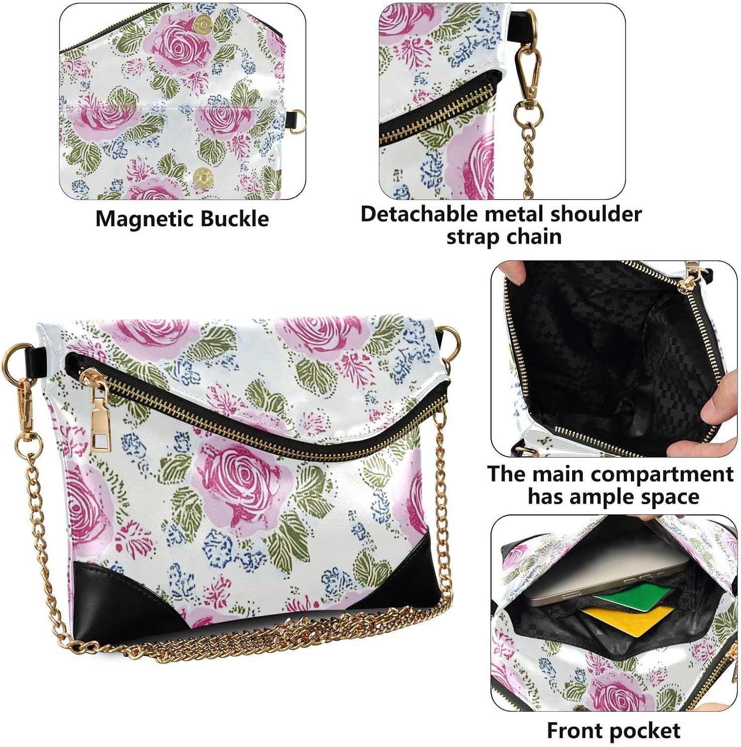 PU Leather Clutch Handbags for Women Casual Envelope Clutch Bag for Party Retro Ancient Roses Peach