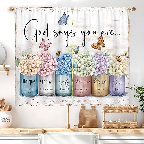 Hydrangea Religious Floral Kitchen Curtain 26W X 30L Inch 2 Panels