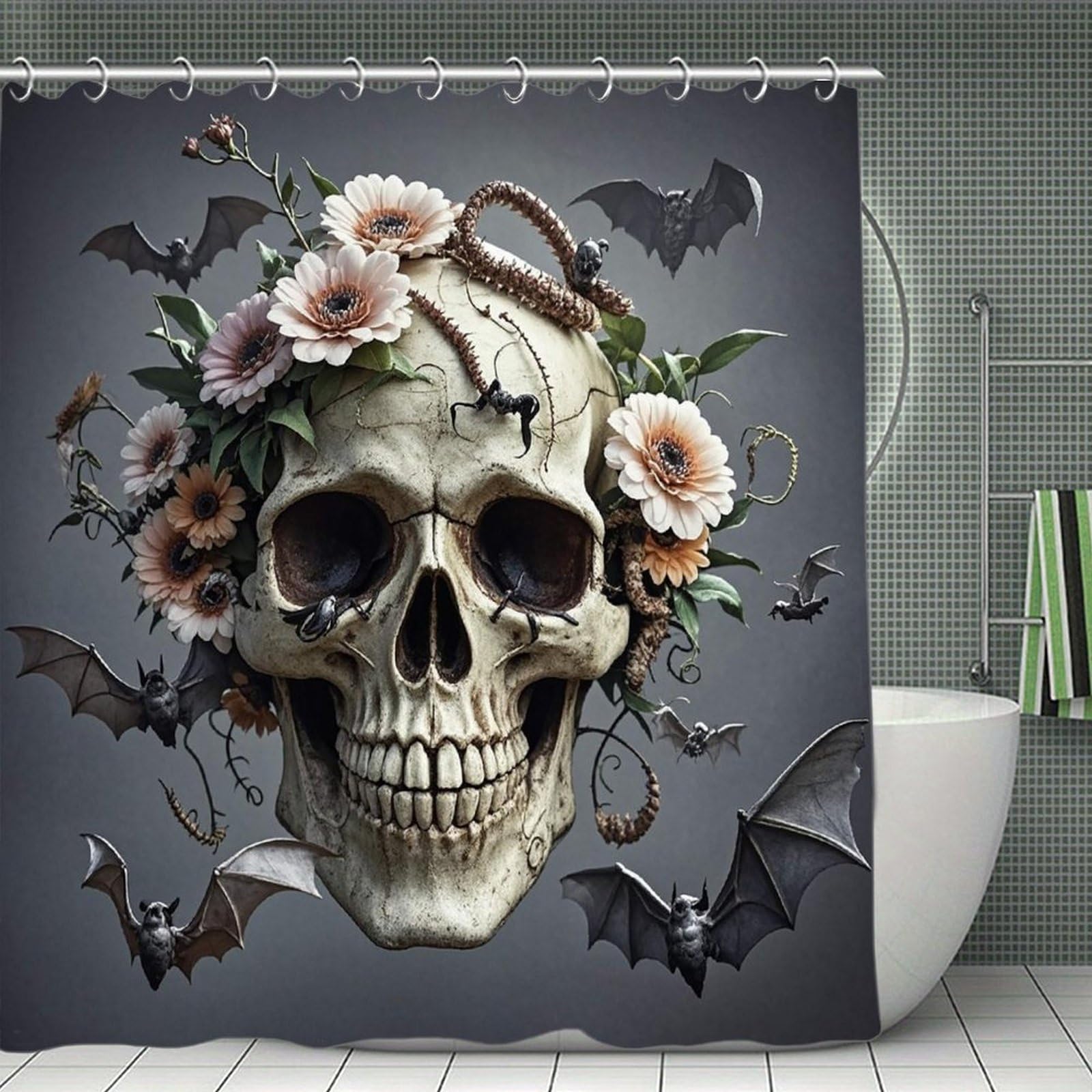 FekiLoot Skull Flower Shower Curtain with Hooks Modern Farmhouse Bathroom Curtain Waterproof Cloth Bath Curtains Cute Washable Blackout Privacy Curtains for Bathroom Bathtub 70.8"x70.8"