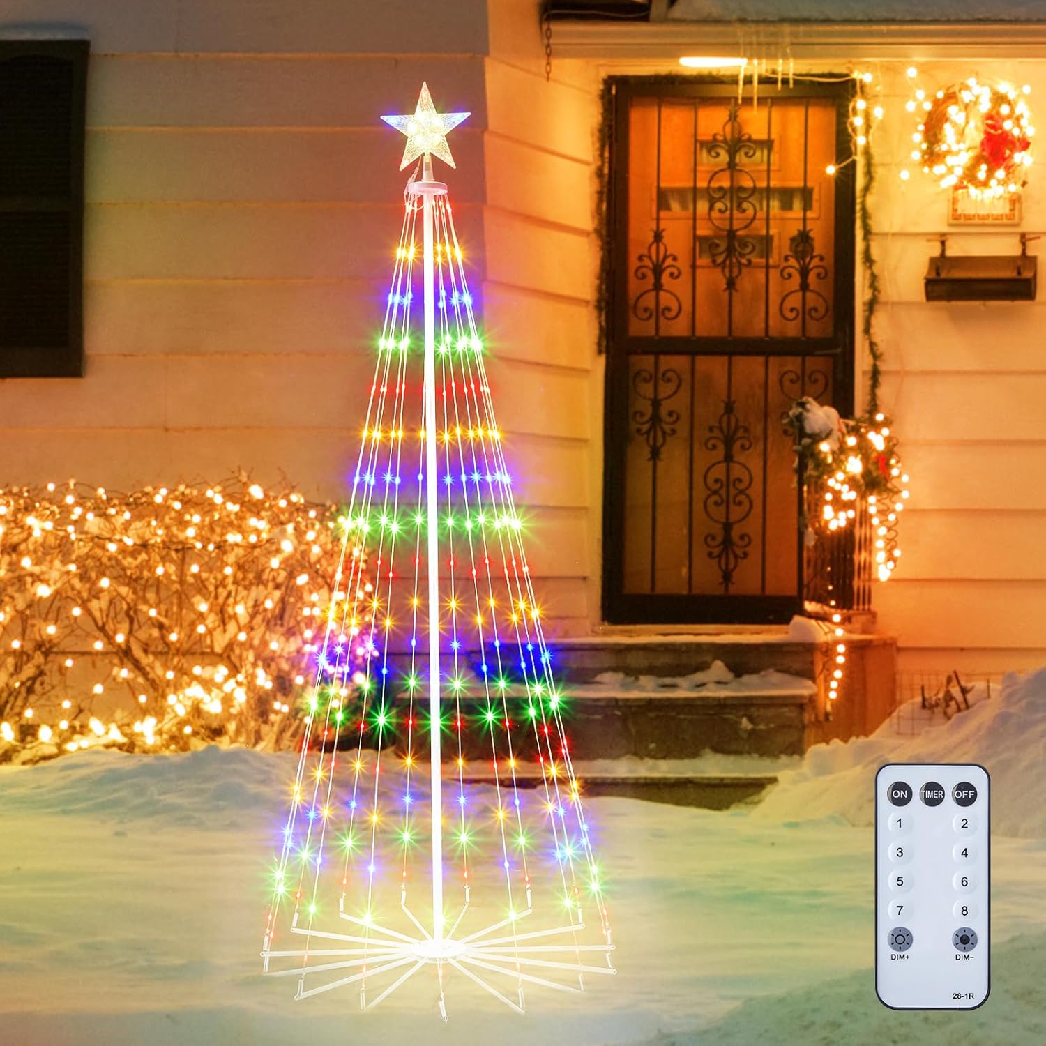 LED Christmas Cone Tree Light, 6ft 265 LED Outdoor Lightshow Christmas Tree with 8 Modes Timer Remote, Artificial Christmas Tree with Star Topper for Porch Yard Patio Indoor Decorations, Multicolor