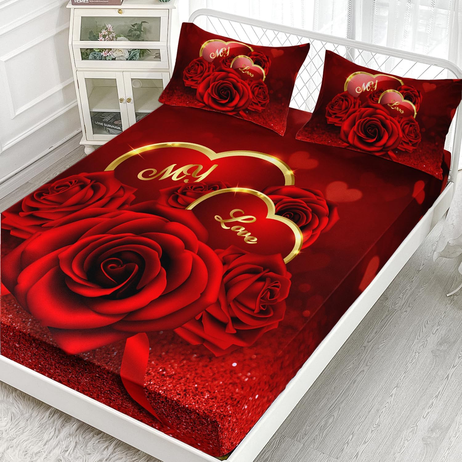 AILONEN Red Rose Fitted Sheet Set Queen Size Bedding Sheets,Romantic Hearts Love Floral Bed Sheet Set,Girls Women Couples Rose Sheet Set 3 Pieces, 1 Fitted Sheet and 2 Pillowcases