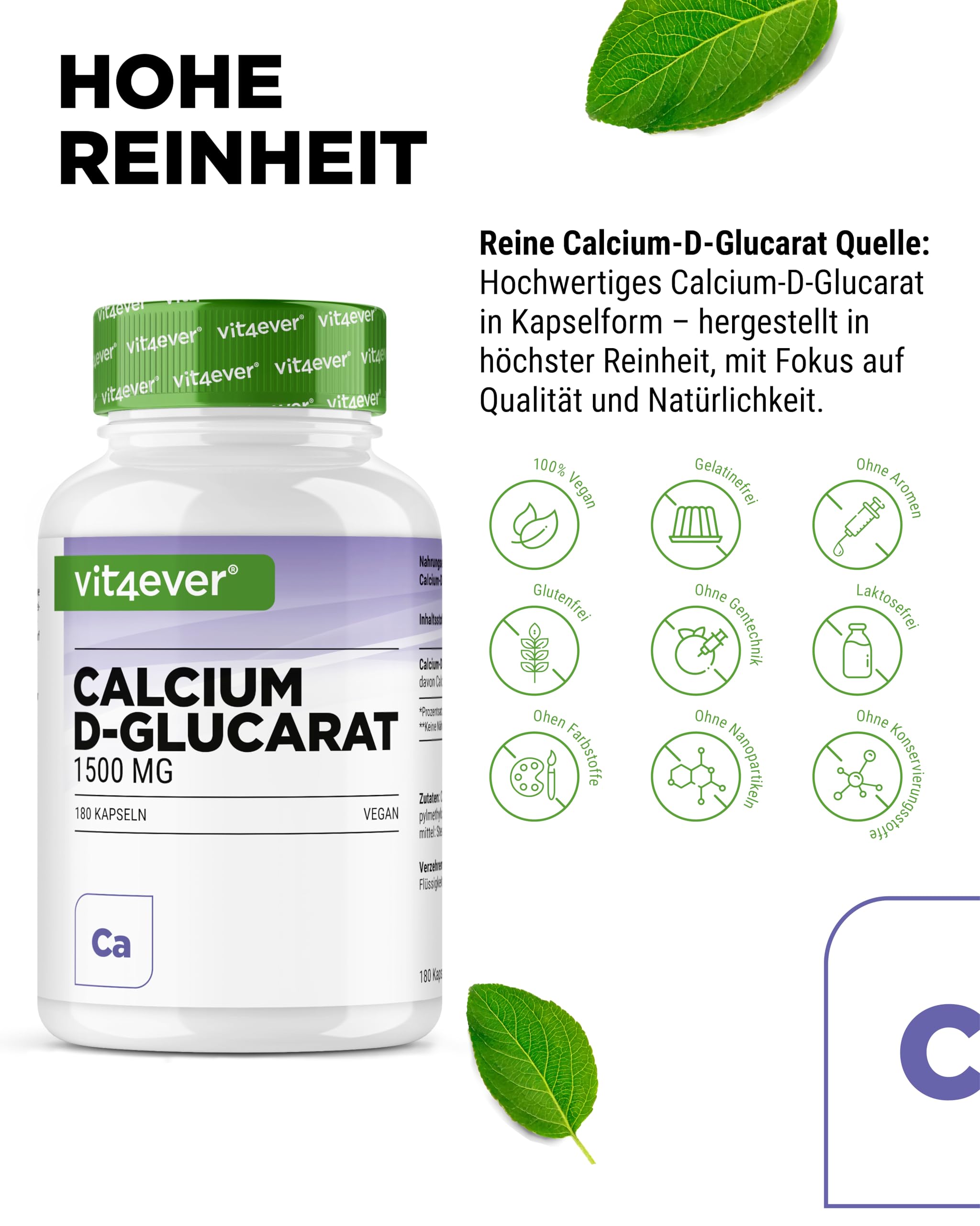 vit4ever Calcium-D-Glucarat - 180 Kapseln - 1500 mg pro Tagesdosis | 2 Monate Vorrat, 222 mg Calcium (28 % NRV), vegan & ohne Zusätze