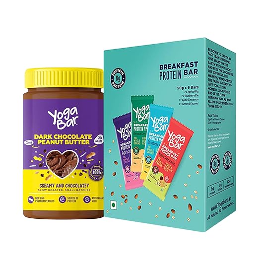 Yogabar Dark Chocolate Peanut Butter and Breakfast Bars Combo | Dark Chocolate Peanut Butter | Breakfast Protein Variety (Almond Coconut, Apricot & Fig, Blueberry, Apple Cinnamon Bars)