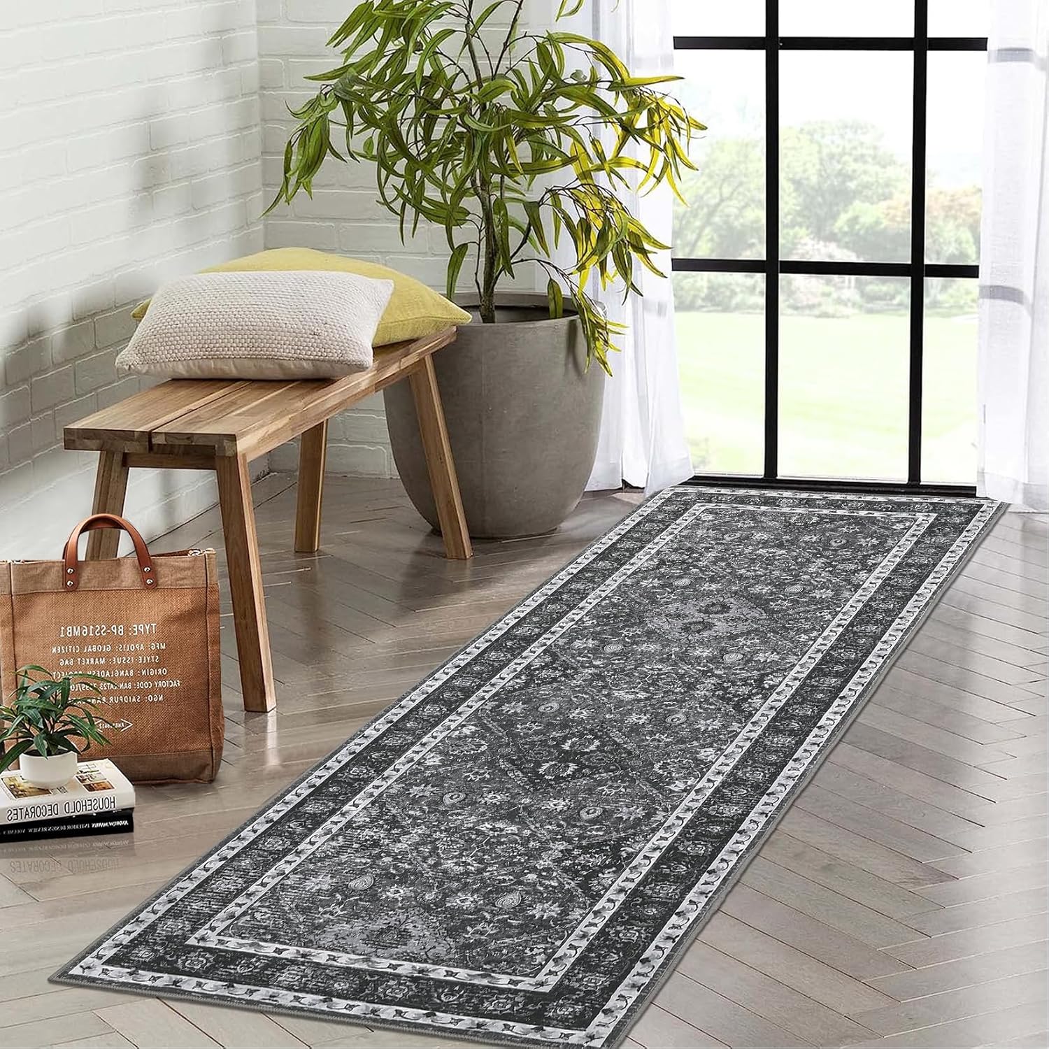 GlowSol Washable Rug Runner 2x6 Washable Runner Vintage Rug Traditional Rug Non-Slip Grey Runner Rugs with Rubber Backing Low-Pile Ultra-Soft Distressed Rug for Kitchen Bedroom
