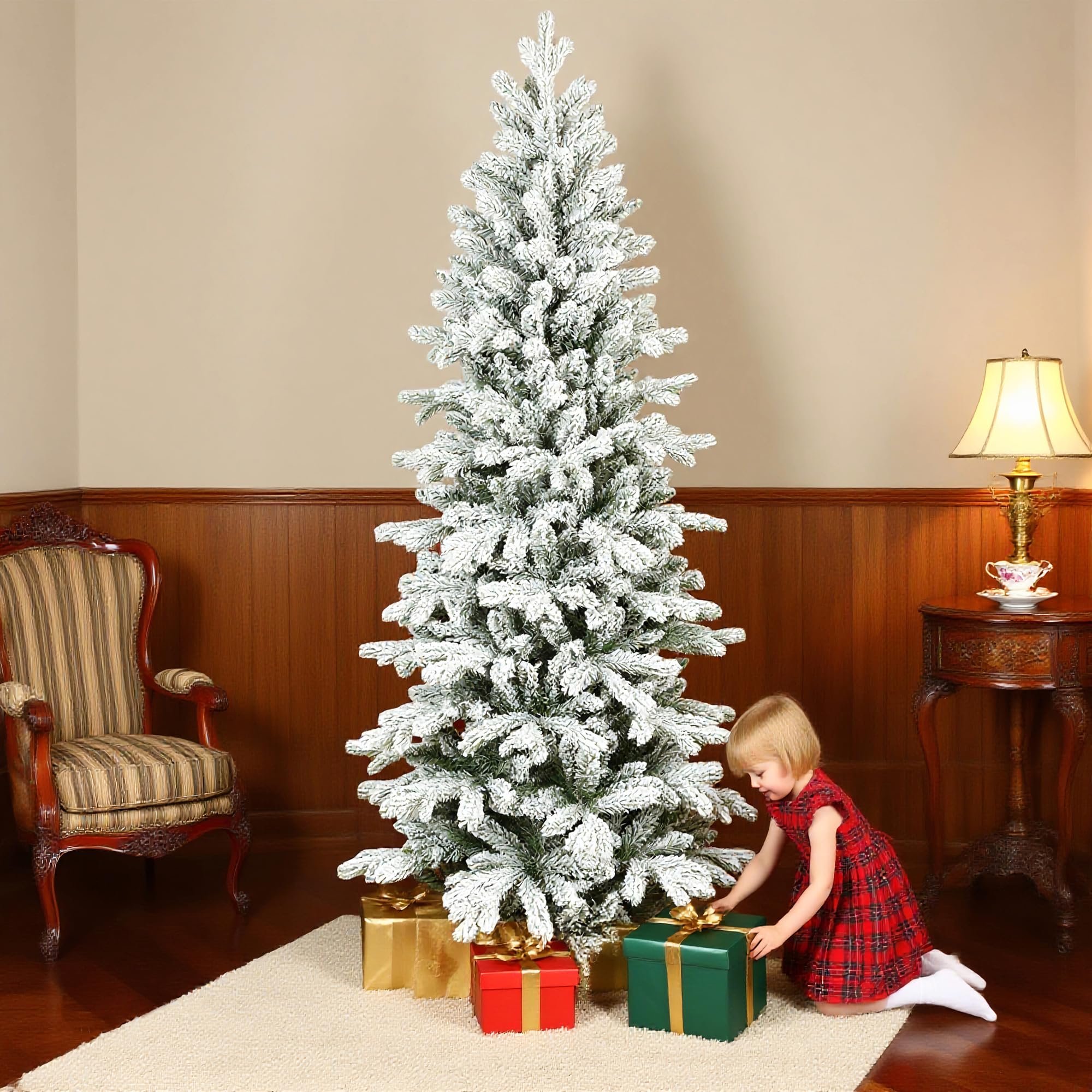 Homcom 6Ft Pencil Christmas Tree With Snow, Realistic Tips, Easy Assembly
