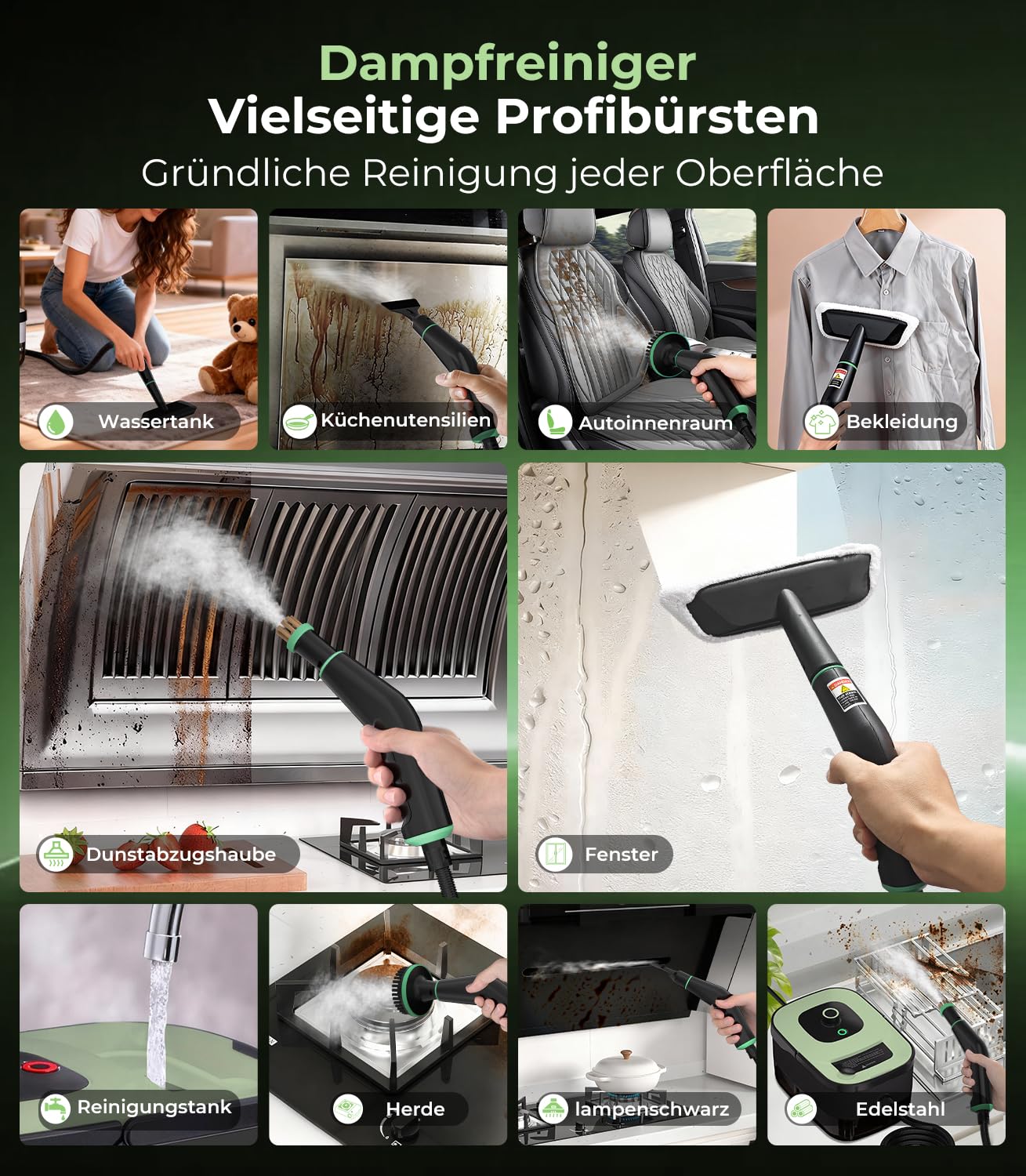 Dampfreiniger Handgerät mit 18-Teiligem Zubehör, 2500W & 9s Turbo-Dampf mit 5 BAR Druck – 99,99% Reinigung & 100% Natürlich,Steam Cleaner für Boden, Küche, Bad, Fenster, Polster & Auto