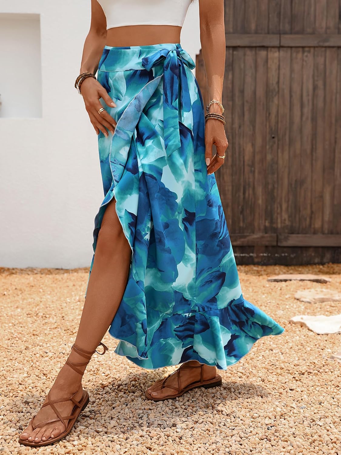 Women's 2026 Boho Floral Wrap Maxi Skirt, Knotted Belt Asymmetric Hem Ruffle Split Long Skirt for Summer Beach Vacation