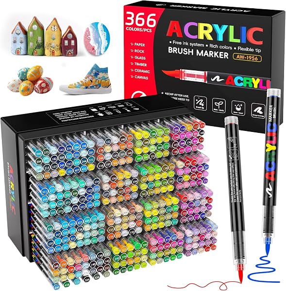 Patamiyar 366 Couleurs Feutre Acrylique, Peinture Acrylique, Marqueur Acrylique à pointe pinceau de 1 à 5 mm pour Pierre, Tissu, Verre, Céramique, Toile, Papier, Bois, Oeuf et Décoration, Idée Cadeau - 1