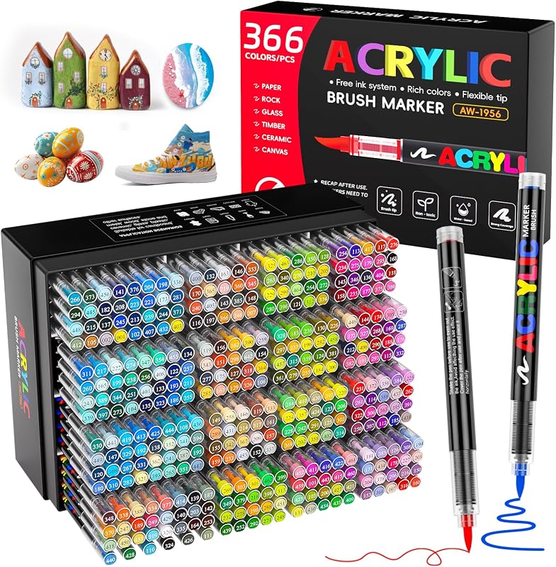 Patamiyar 366 Couleurs Feutre Acrylique, Peinture Acrylique, Marqueur Acrylique à pointe pinceau de 1 à 5 mm pour Pierre, Tissu, Verre, Céramique, Toile, Papier, Bois, Oeuf et Décoration, Idée Cadeau