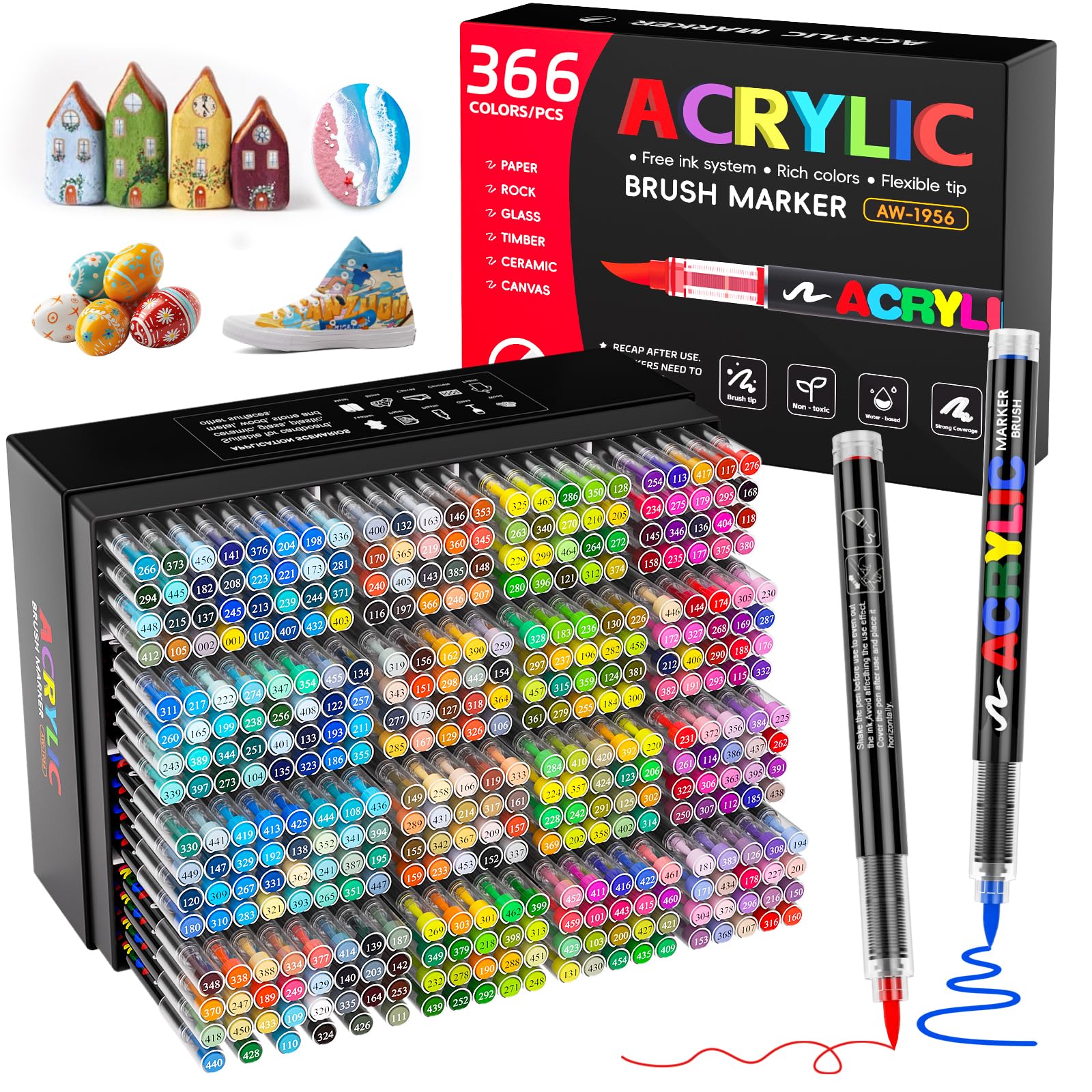 366 Couleurs Feutre Acrylique, Peinture Acrylique, Marqueur Acrylique à pointe pinceau de 1 à 5 mm pour Pierre, Tissu, Verre, Céramique, Toile, Papier, Bois, Oeuf et Décoration, Idée Cadeau