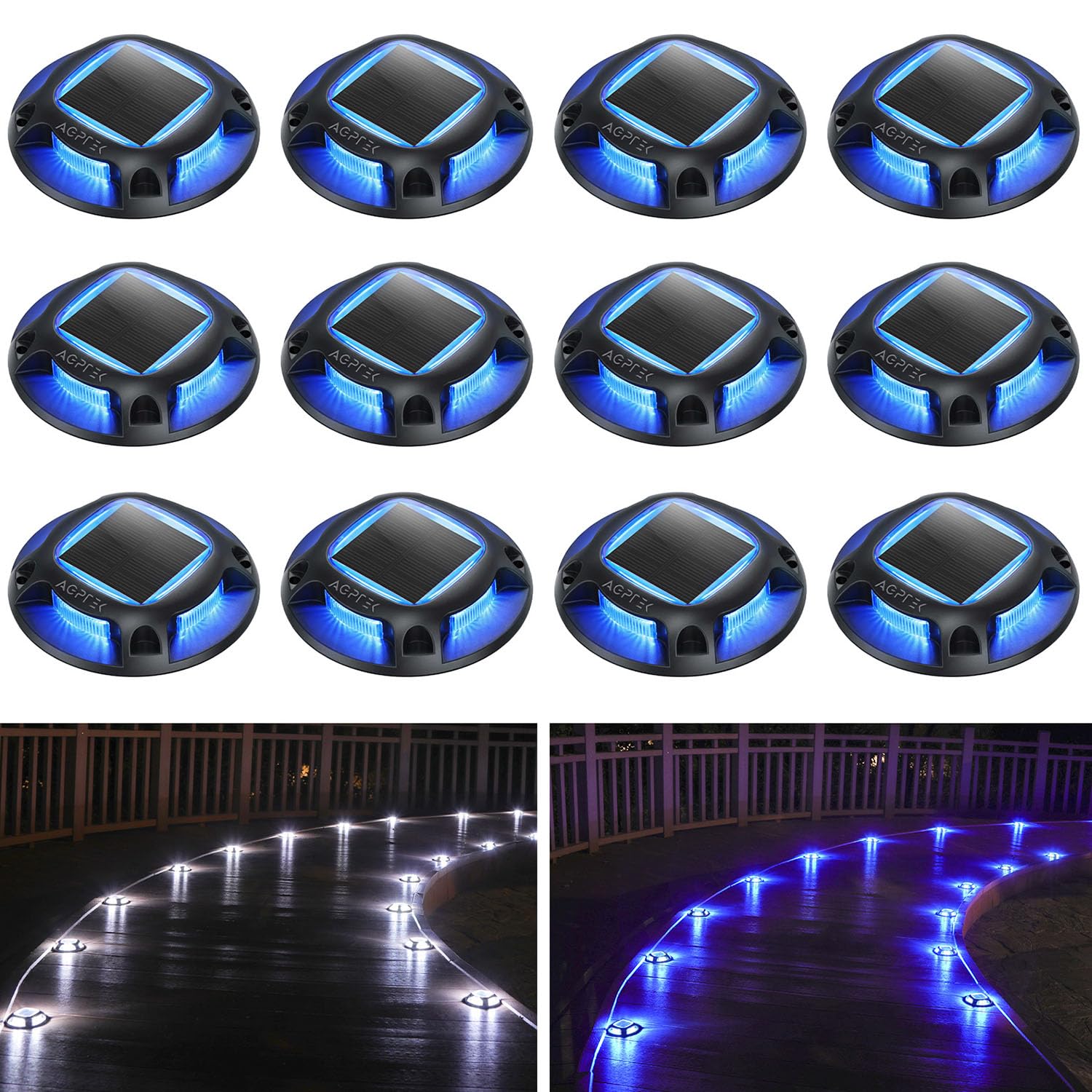 AGPTEK Solar Driveway Lights Outdoor 12 Pack, 2 Color Modes LED Deck Dock