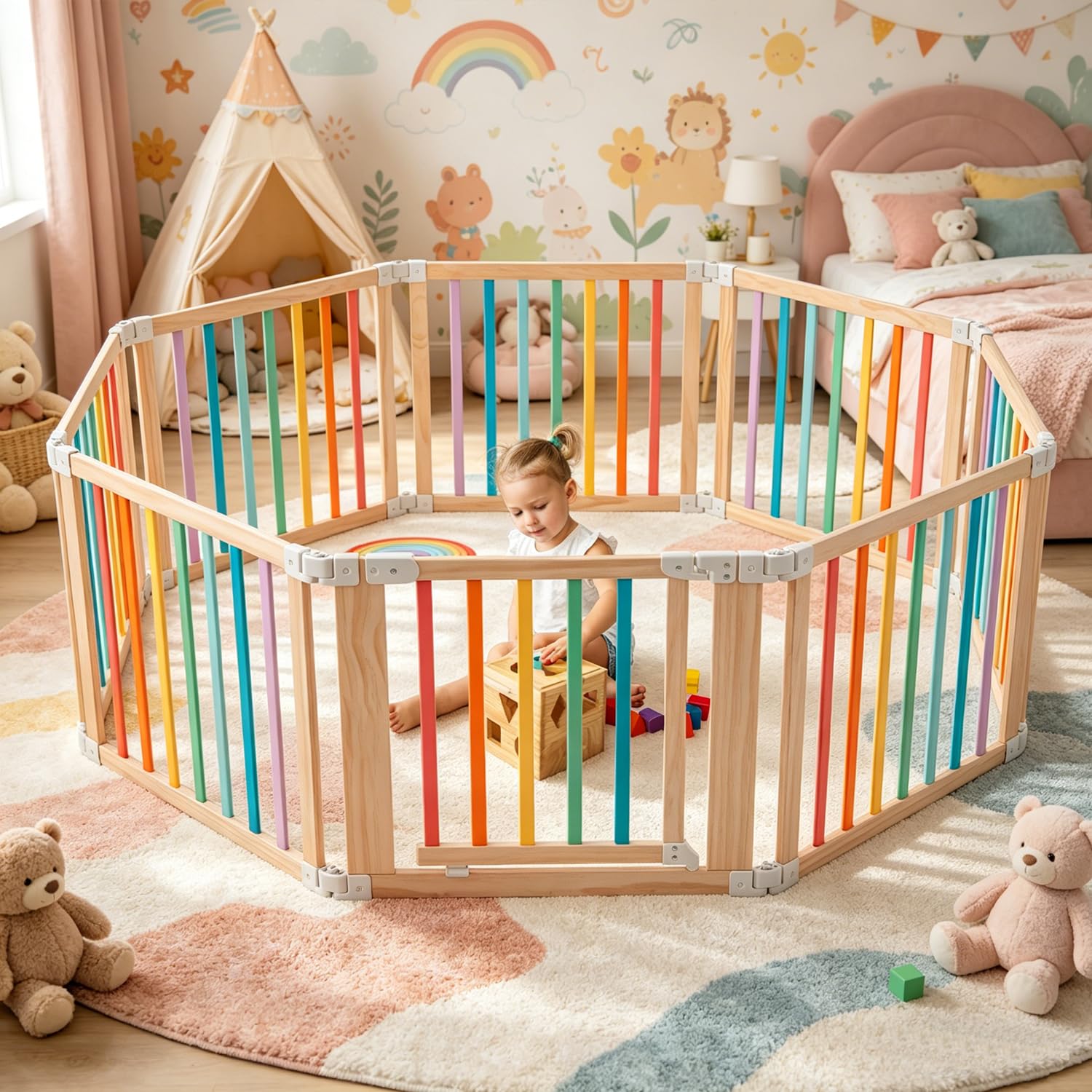 Baby Wooden Playpen, Foldable Shape & Size Adjustable Playpen for Toddler and Babies, Wood Baby Play Yard with Locking Gate, Large Pack and Play for Play Area Indoor(Multicolor, 8 Panel)