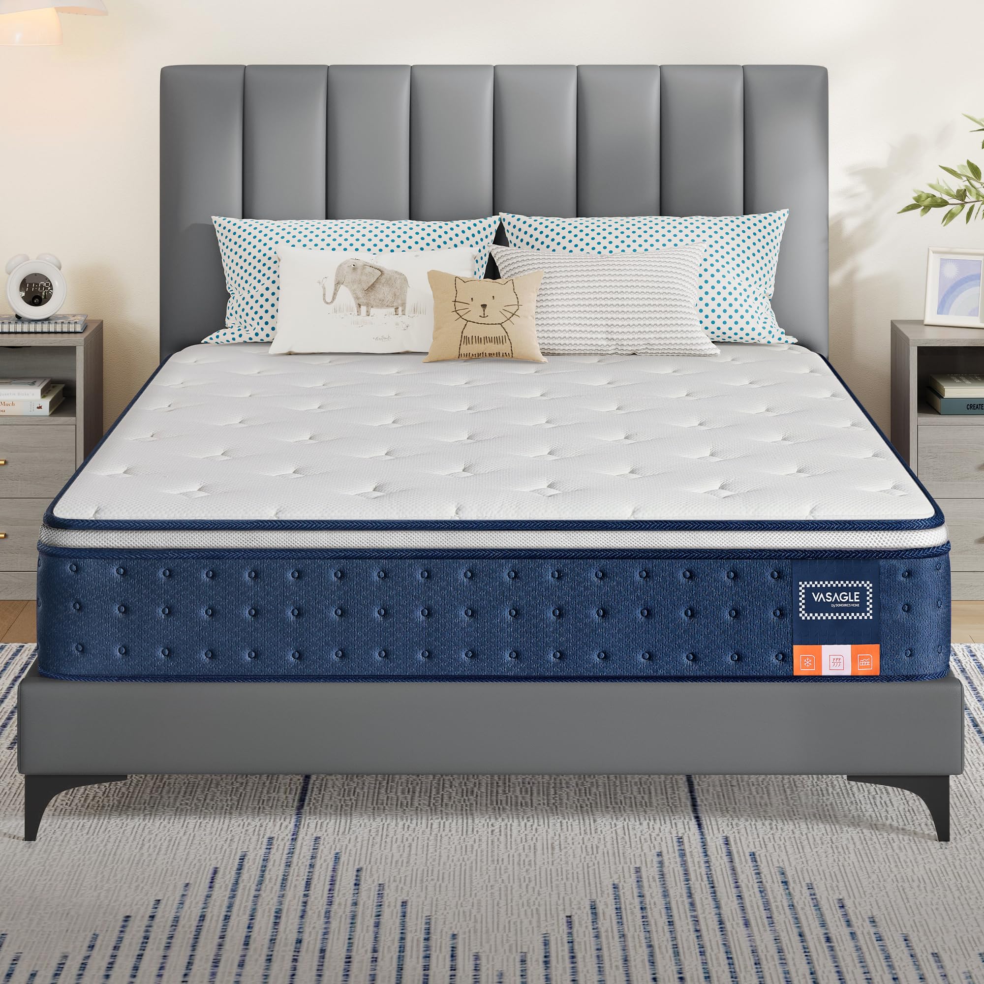 VASAGLE Matelas Double 140 x 190 x 25 cm, Matelas Hybride à Ressorts Ensachés, Mousse à Mémoire de Forme Gel, Soutien Mi-Ferme sur 7 Zones, Bords Renforcés, Housse Respirante, Bleu RMZ223QZ02