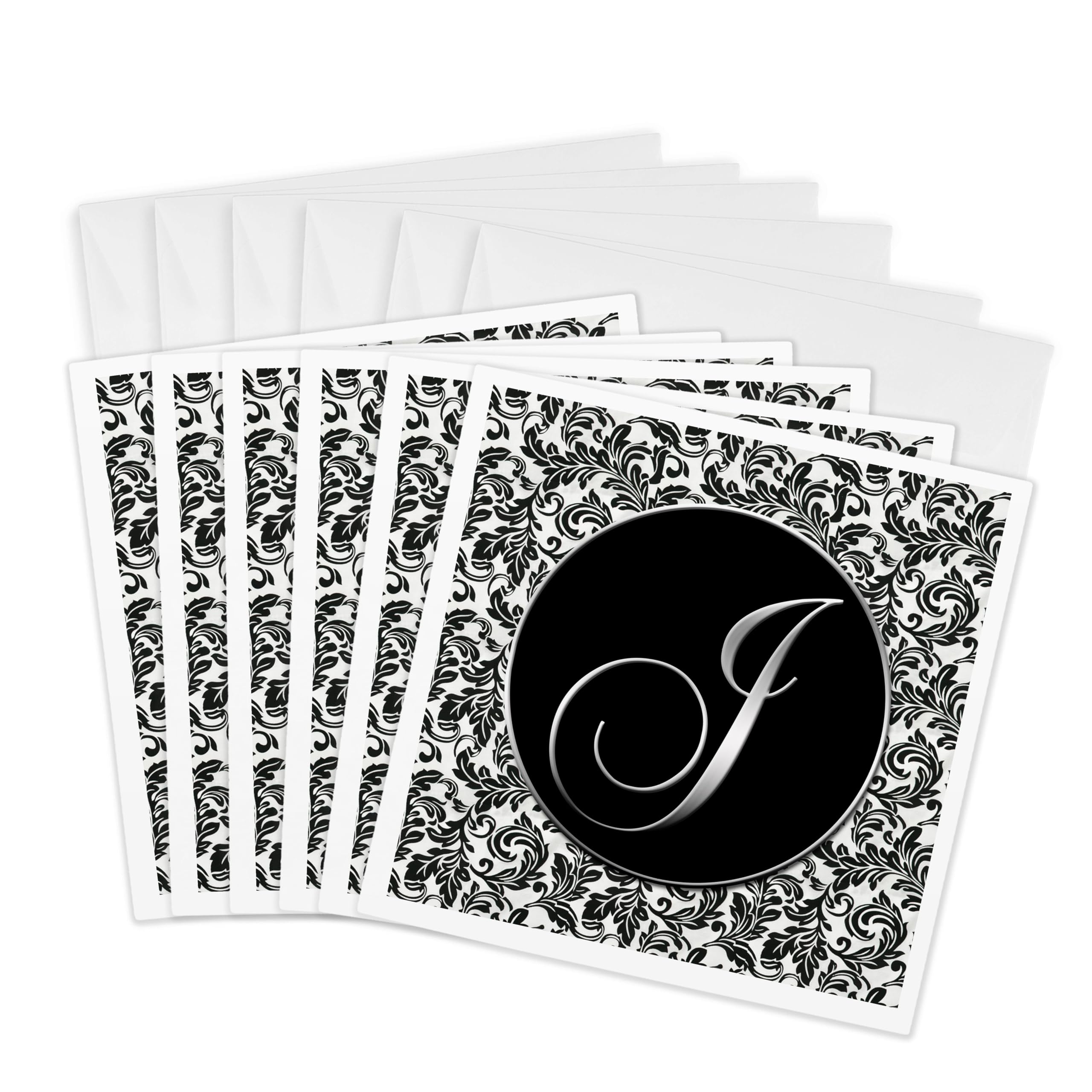3dRose gc_38759_1 6 x 6-Inch "Letter J - Black and White Damask" Greeting Card (Pack of 6)