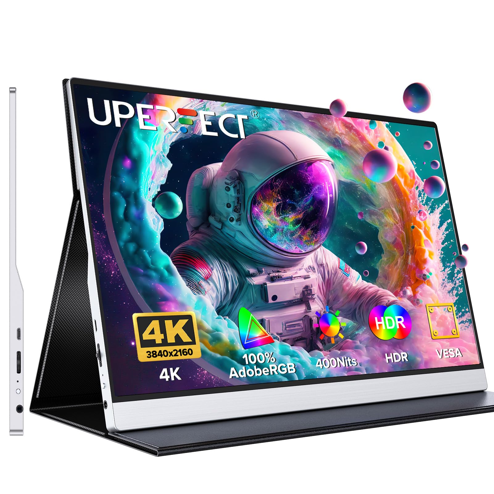 UPERFECTQLED 4K Portable Monitor 15.6'' Silvery 3840x2160 UHD HDR USB-C Monitor, 100% AdobeRGB, 400cd/㎡Brightness, FreeSync Speaker Travel Extra Screen for Laptop, Type-C HDMI, VESA & Smart CaseEnergy Label