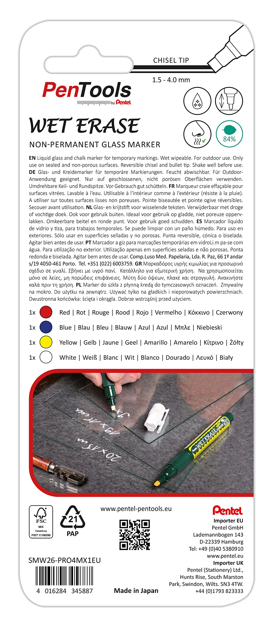 SMW26 Glas Marker, für temporäre Markierungen, nass abwischbar von glatten Flächen, Keilspitze (1,5-4,0 mm Strich), 4 Stück - farblich sortiert