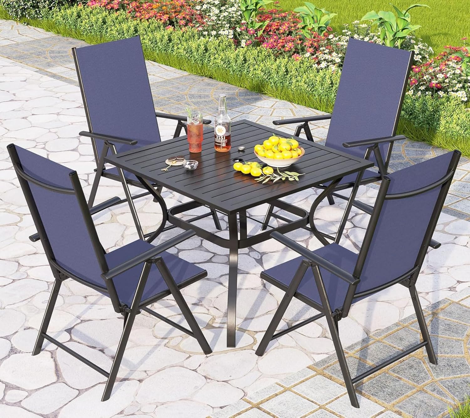 PHIVILLAGarden Table and ChairsSet Outdoor Patio Furniture, Adjustable Foldable Metal Chairs & Steel Table for Yard and Deck, Blue