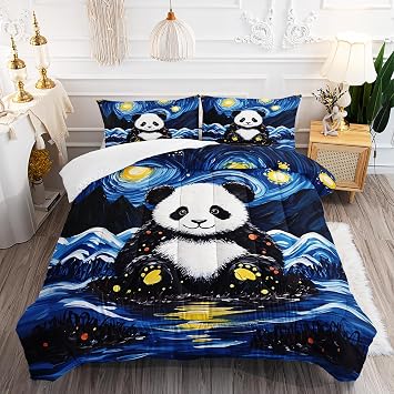 AILONEN Kawaii Panda Comforter Set Twin Size - Van Gogh Starry Sky Themed Bedding with Cute Cartoon Pandas, Soft Microfiber Kids & Teens Quilt & 2 Pillowcases