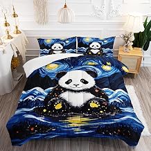 AILONEN Kawaii Panda Comforter Set Twin Size - Van Gogh Starry Sky Themed Bedding with Cute Cartoon Pandas, Soft Microfiber Kids & Teens Quilt & 2 Pillowcases