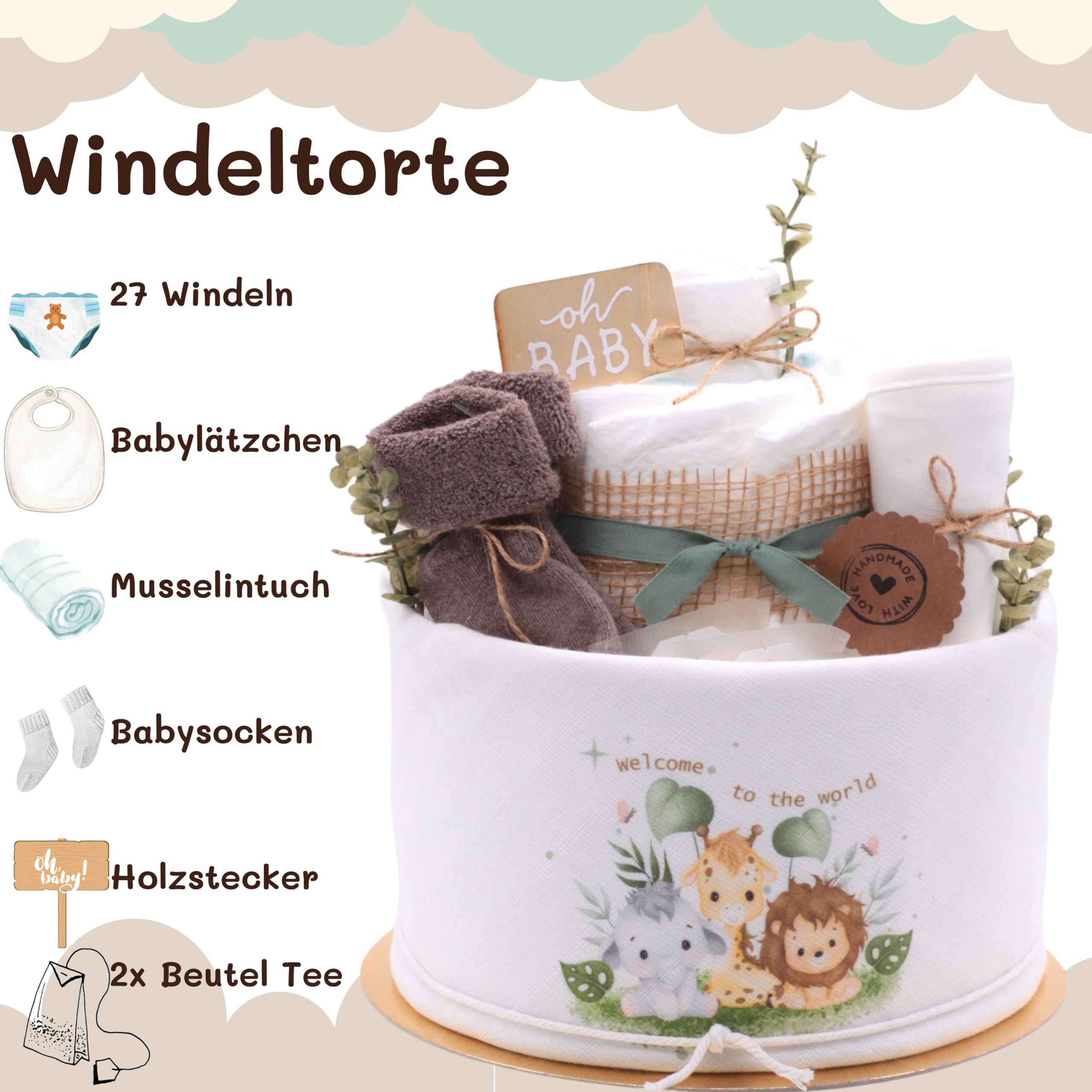 Trend Mama® | Musselin Windeltorte | 27 Windeln (Gr.2), Musselintuch, Baby Lätzchen, Babysocken | Baby Party Geschenk (Welcome to the World | Jungle)