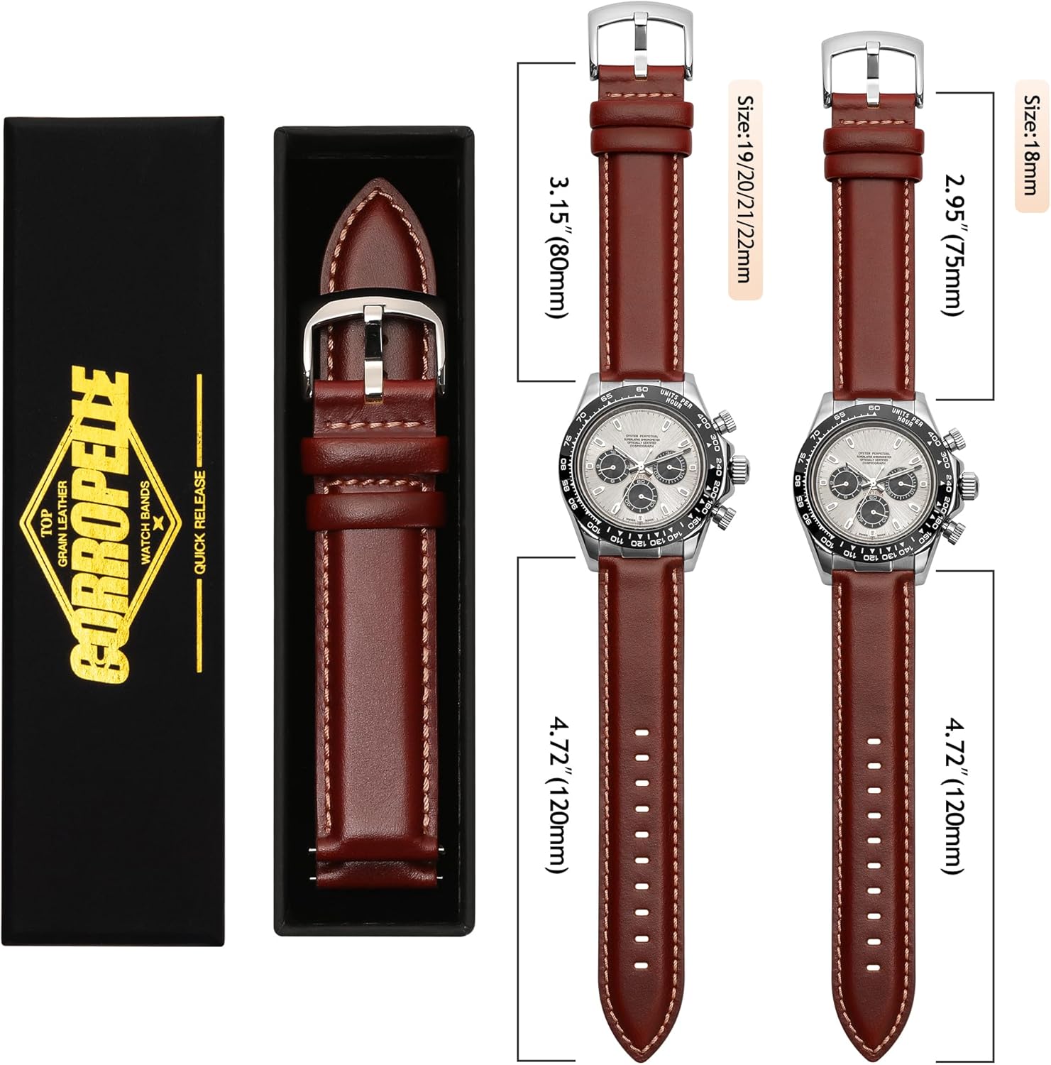 Leather Watch Bands Quick Release, Elegant Top Grain Leather Watch Straps Band Replacement for Men and Women, Watch and Smartwatch, Choice of Width 18mm 19mm 20mm 21mm 22mm